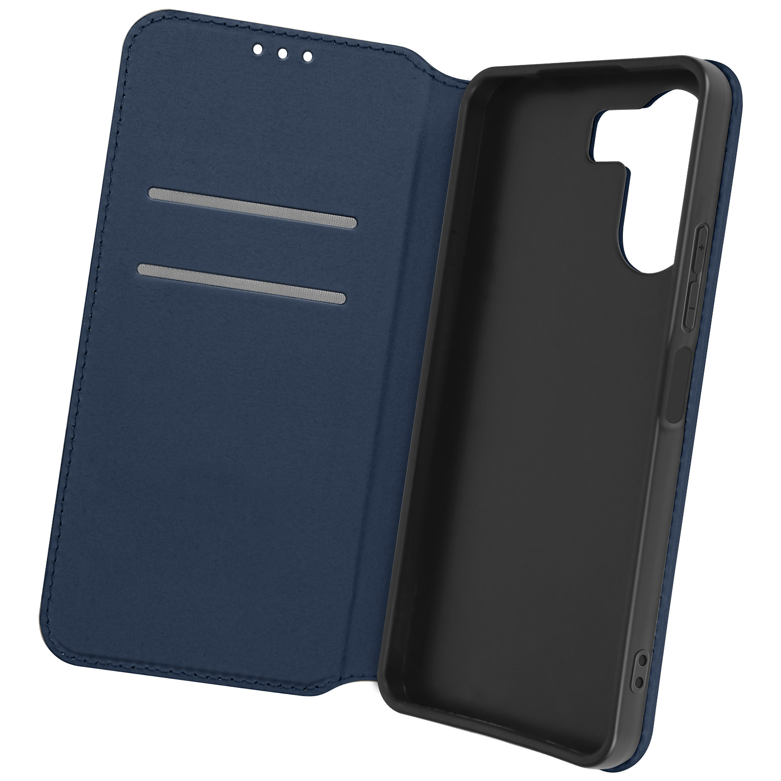Custodia blu per telefono aperta. Interno blu, fessure per carte. Telefono non visibile.