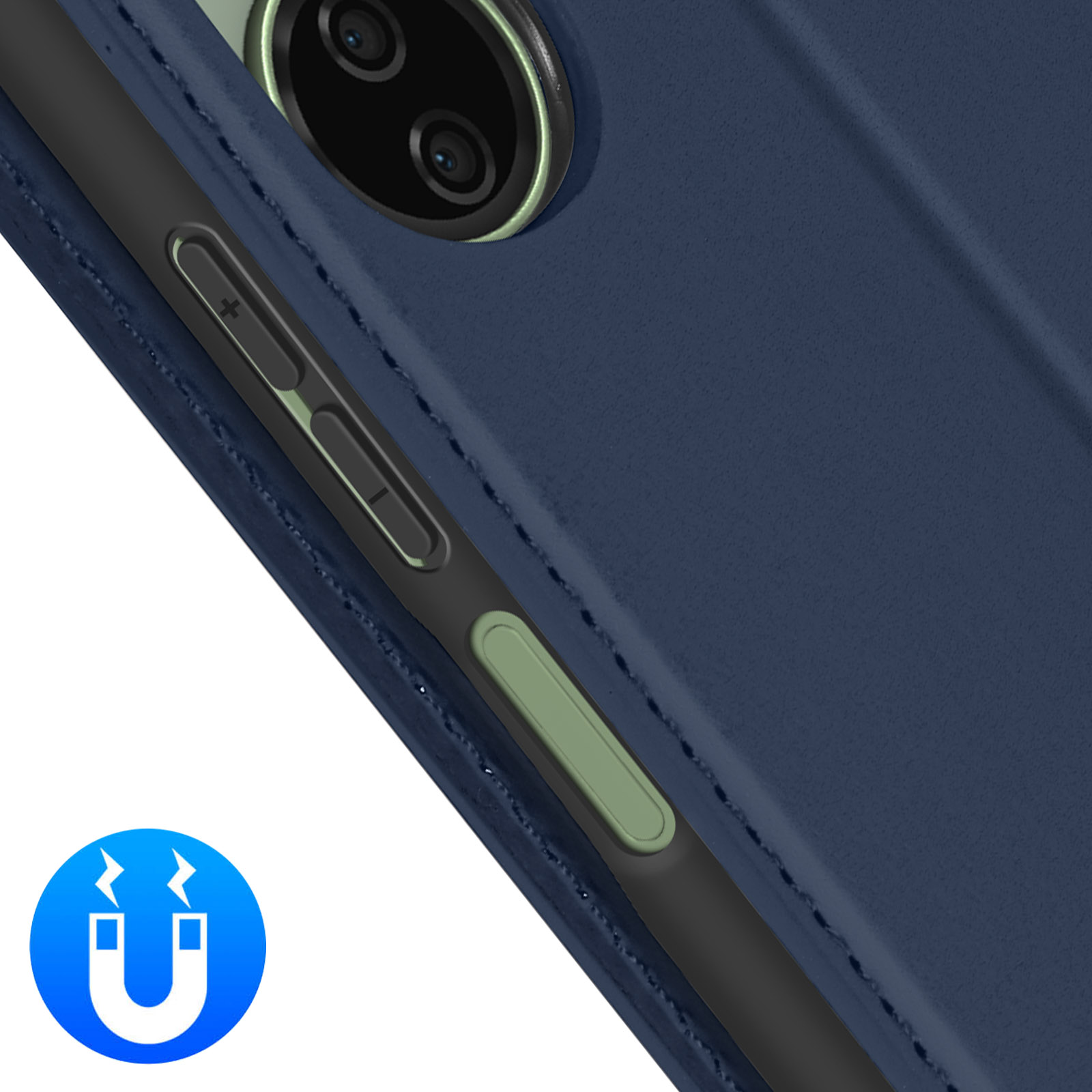 Primo piano di una custodia blu per telefono. Il lato mostra i pulsanti del volume e un pulsante verde.