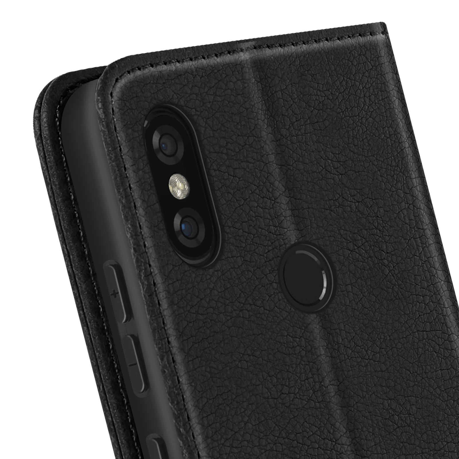 Primo piano di una custodia nera per telefono con doppia fotocamera.