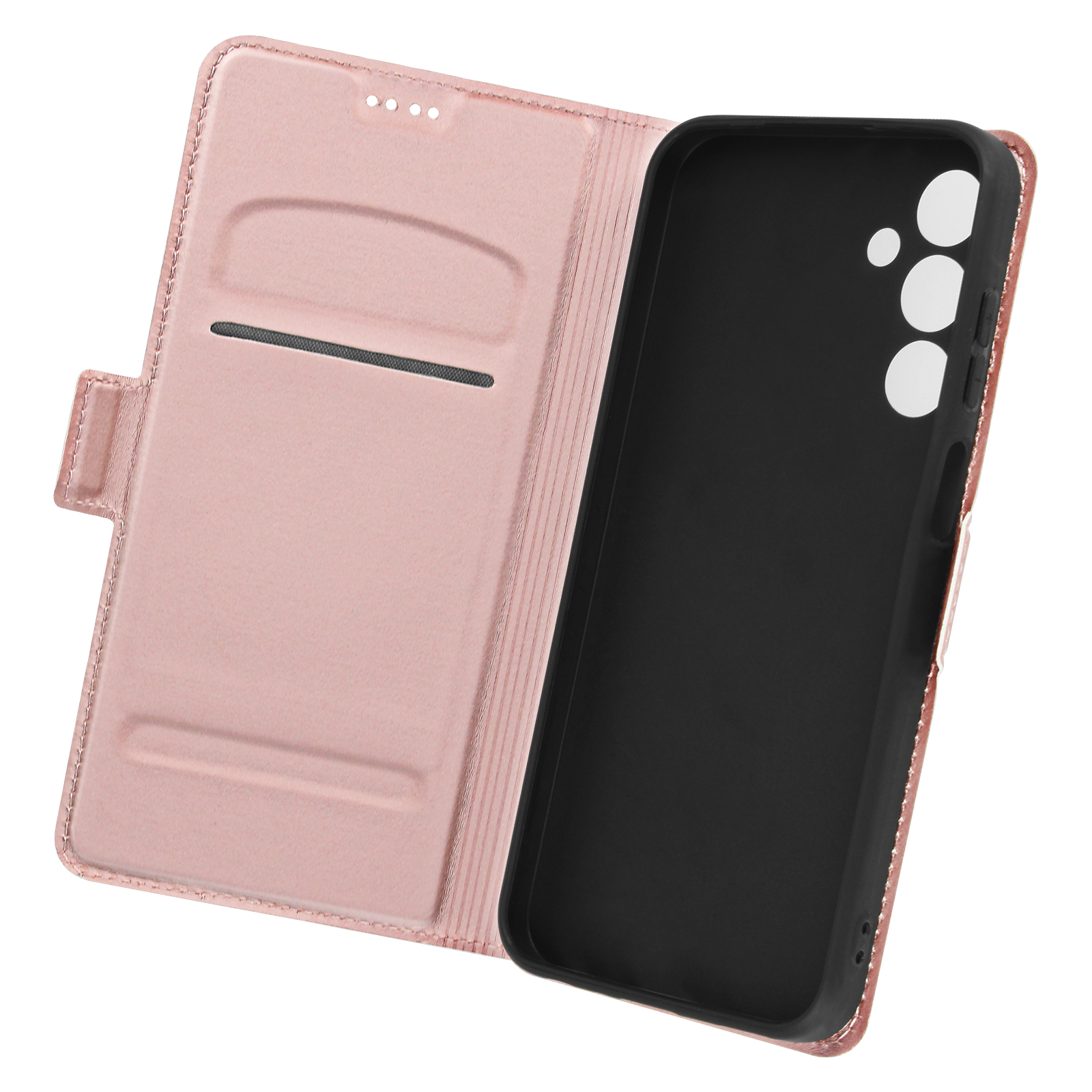 Custodia per telefono rosa, aperta. L'interno mostra slot per schede e il supporto per il telefono.