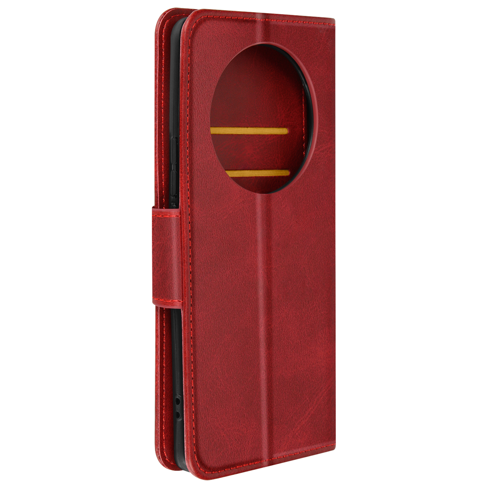 Custodia per telefono rossa con foro circolare per la fotocamera e fessure per carte. Lo schermo del telefono non è visibile.