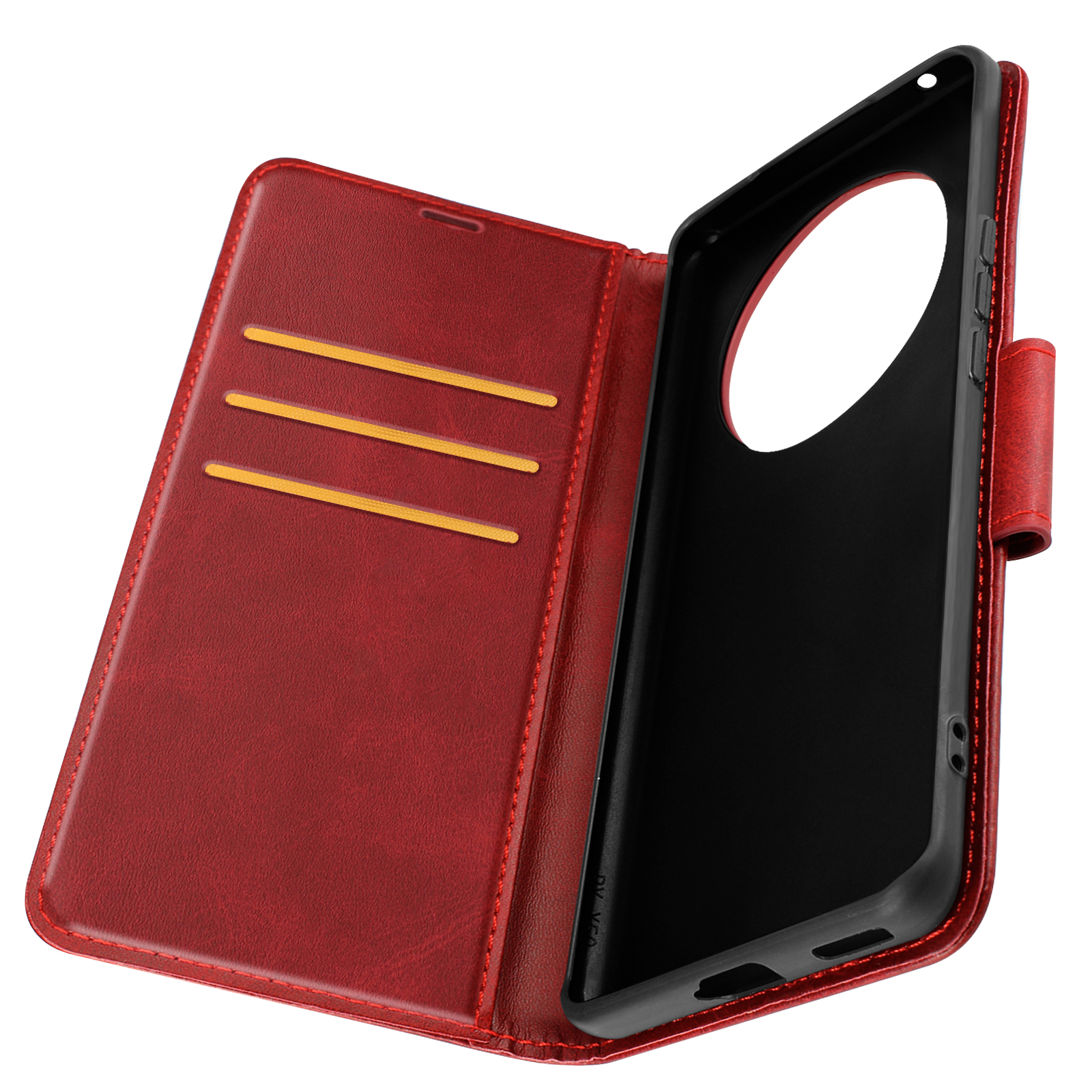 Custodia rossa aperta con telefono dentro. Tre fessure gialle per carte.