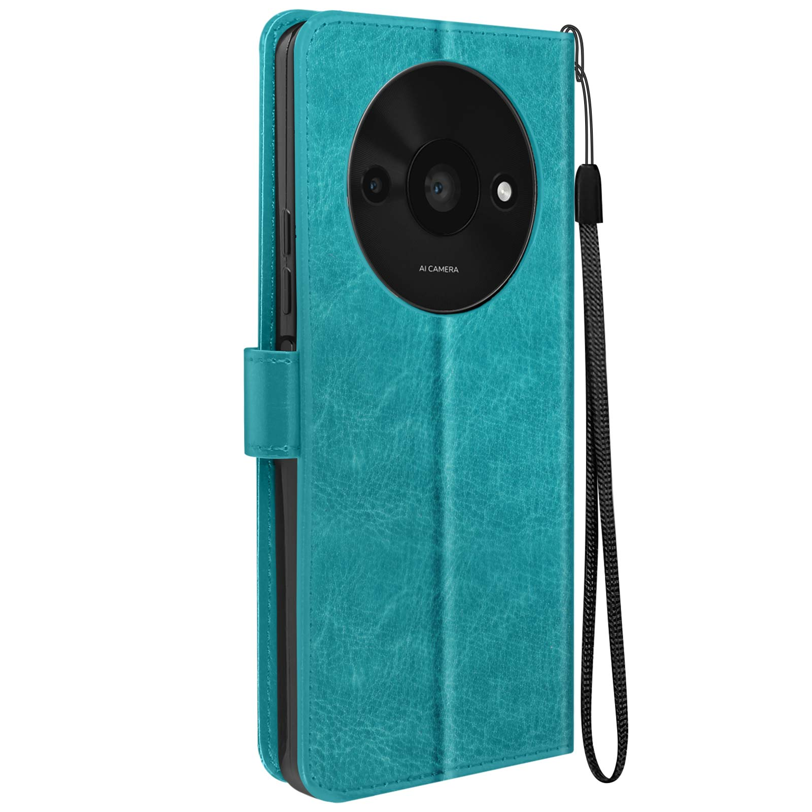 Custodia per telefono in pelle verde acqua con foro per la fotocamera e cinturino. Isolato su sfondo bianco.