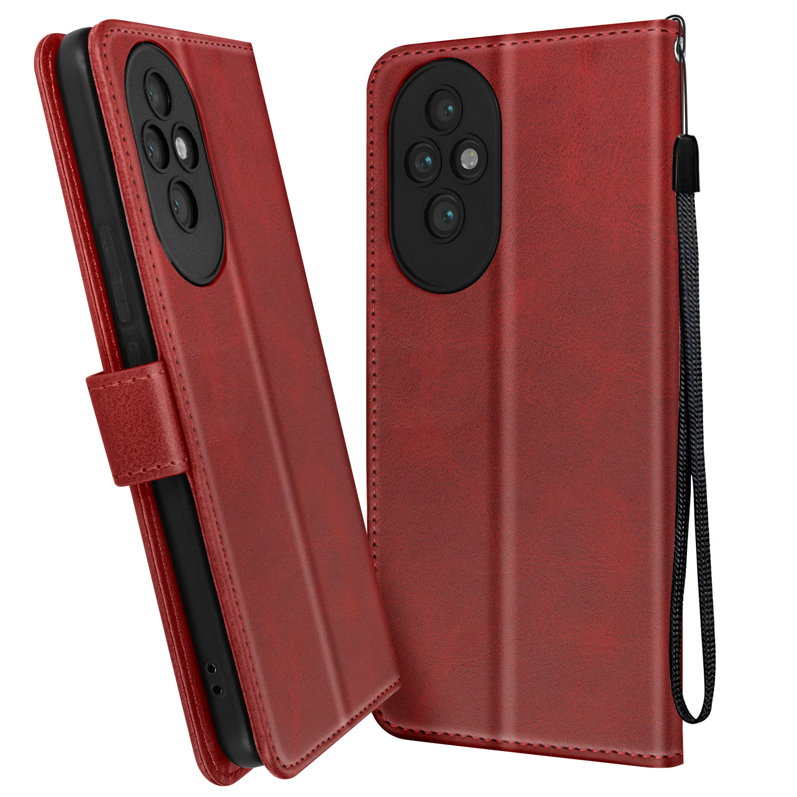 Custodia rossa con telefono. Aperta, con telefono nero. Cinturino. Sfondo bianco.