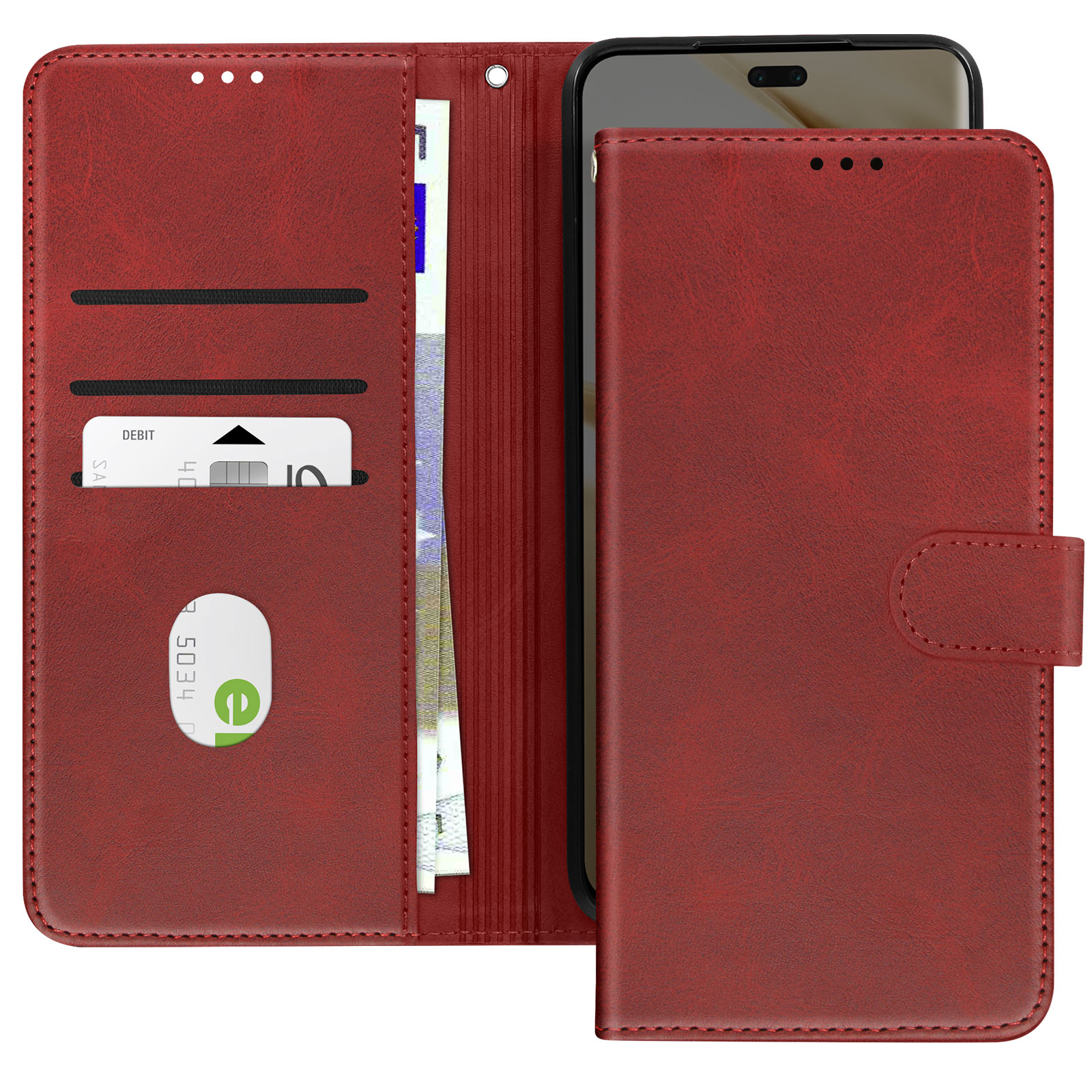 Custodia in pelle rossa aperta. Carte e denaro all'interno. Chiusa davanti.