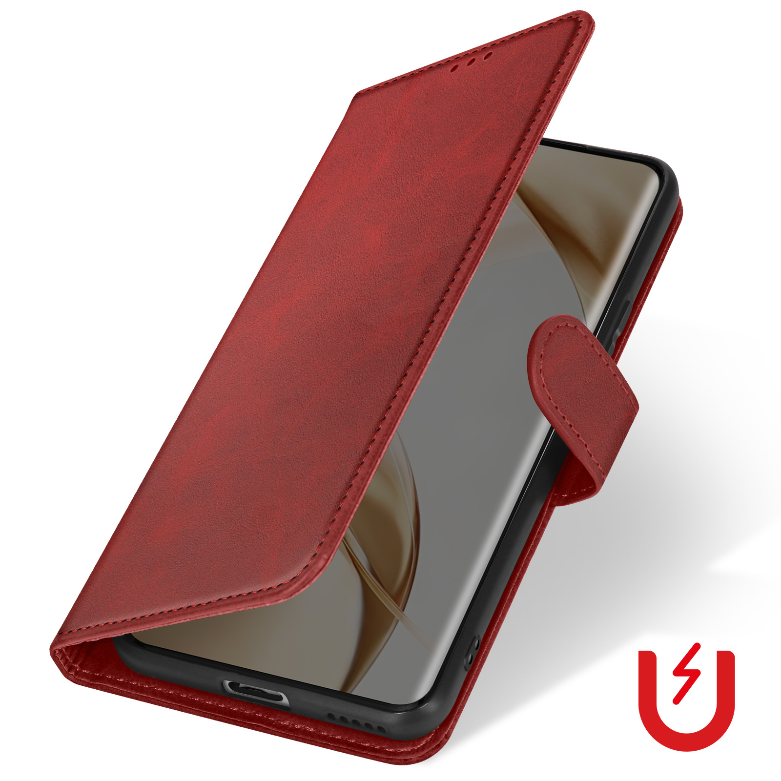 Custodia per telefono rossa aperta con telefono, un simbolo del fulmine in basso a destra.
