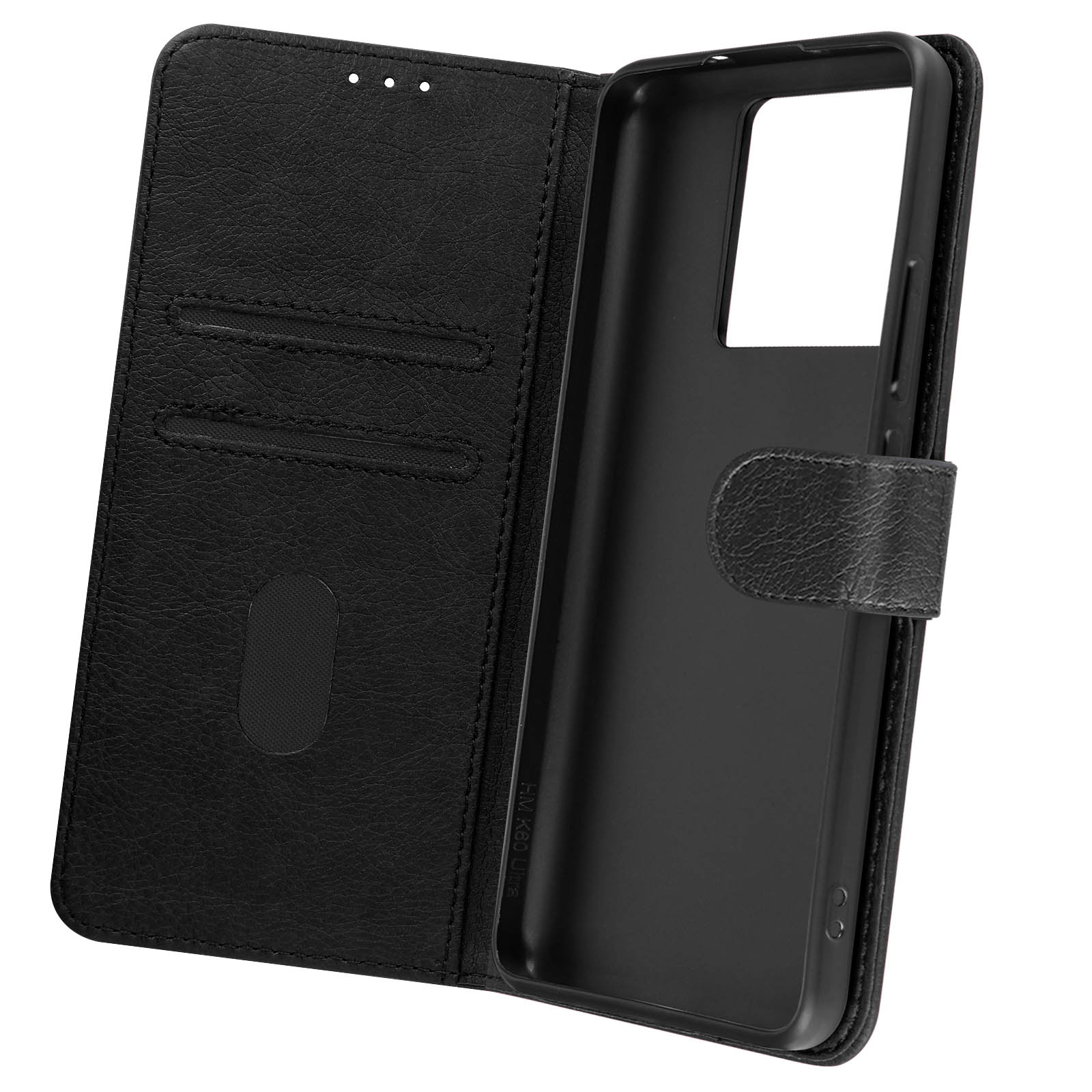 Custodia nera aperta con fessure per carte. Interno del telefono visibile, mostrando la cornice.