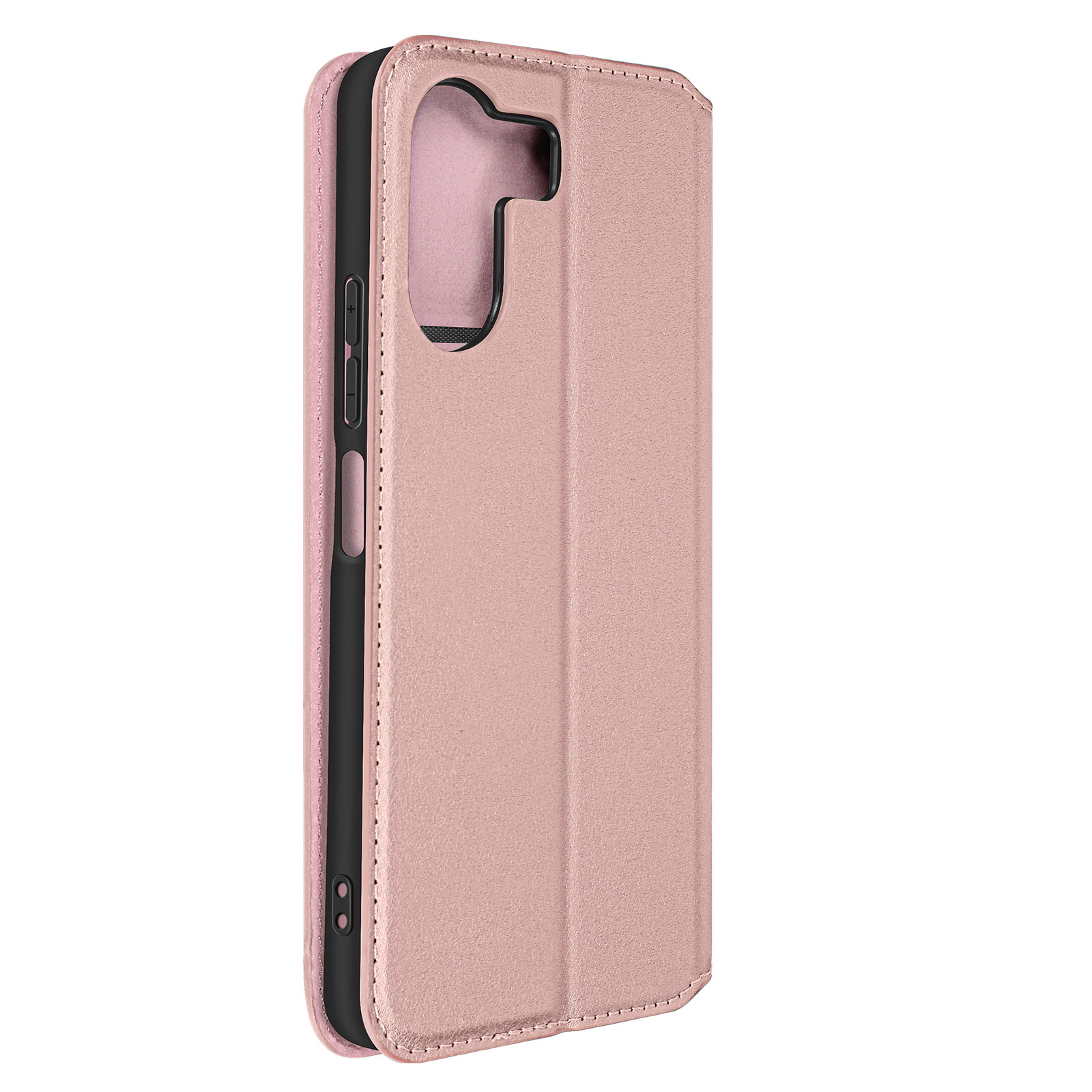 Custodia rosa per telefono, chiusa. È simile alla pelle con chiusura magnetica. Il design è semplice e pratico.