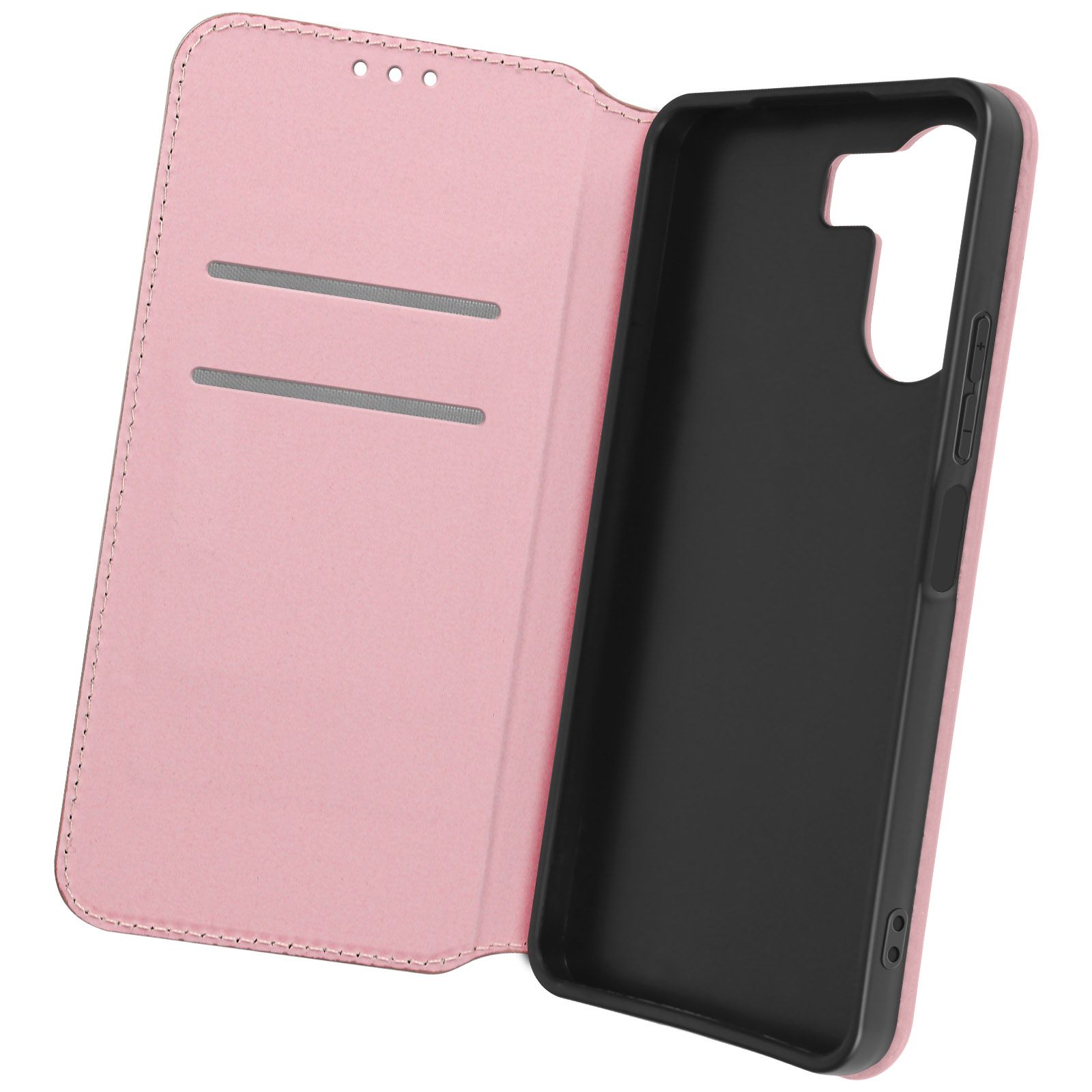 Custodia rosa per telefono con rivestimento interno nero.