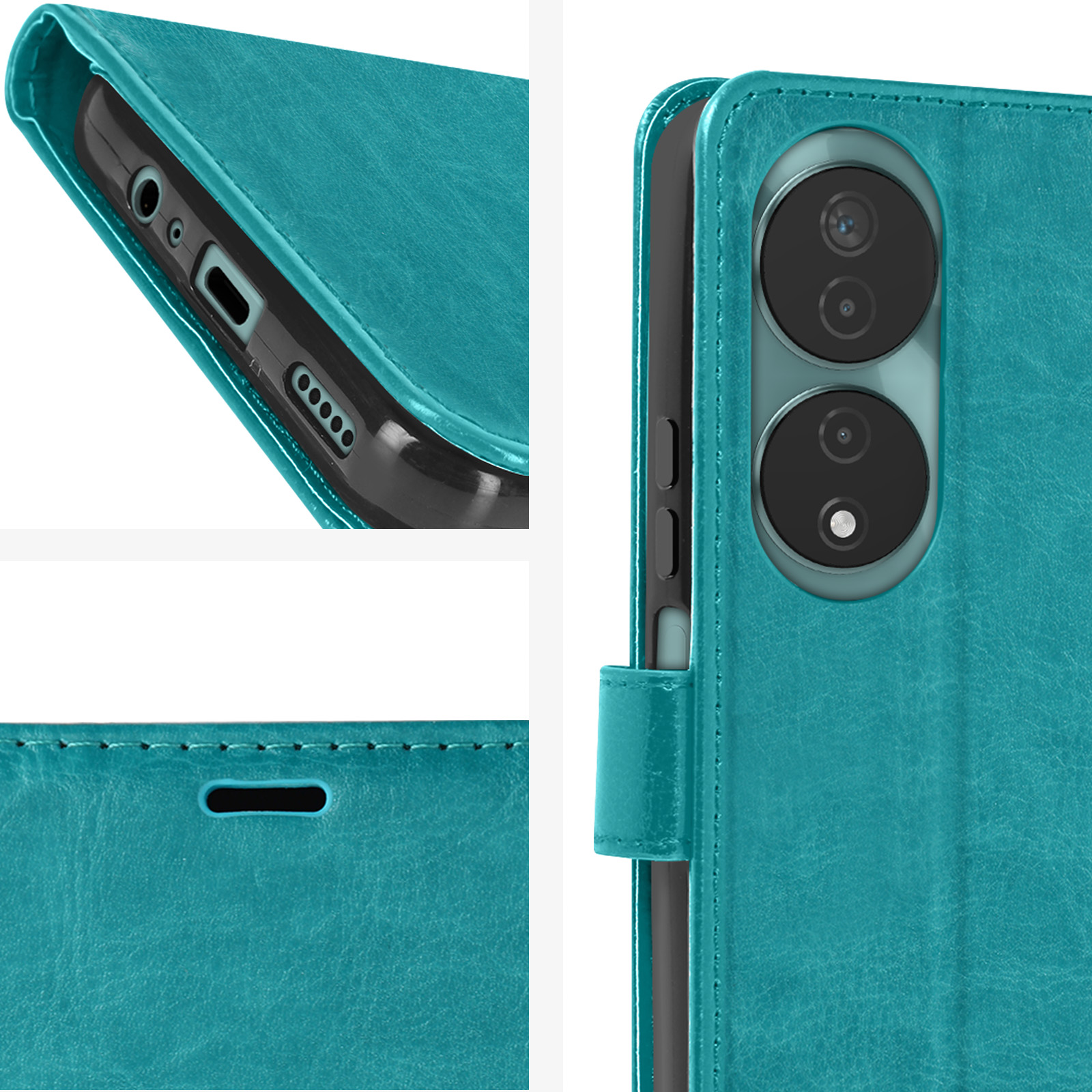 Custodia teal con dettagli delle funzionalità del telefono.