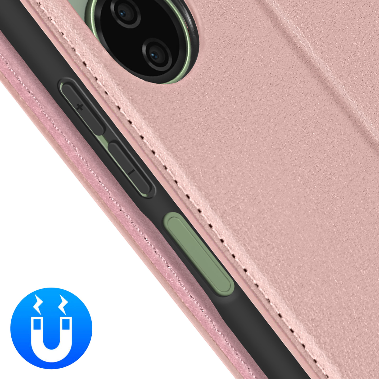 Un primo piano di una custodia per telefono rosa con un simbolo magnetico.