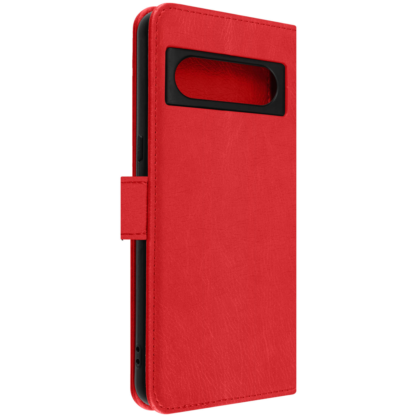 Custodia per telefono rossa, chiusa, con un ritaglio per la fotocamera. Interno nero.