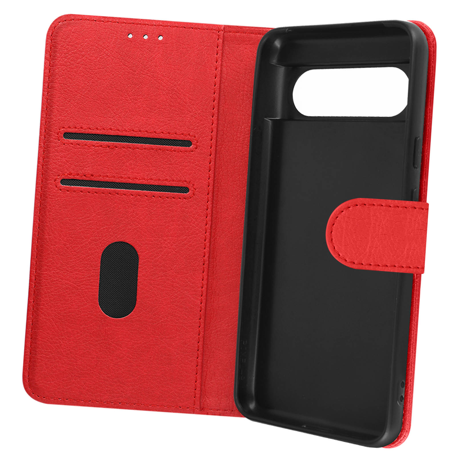 Custodia rossa per telefono, aperta. Custodia nera per telefono all'interno. La custodia ha fessure per carte. Ha un cinturino magnetico.