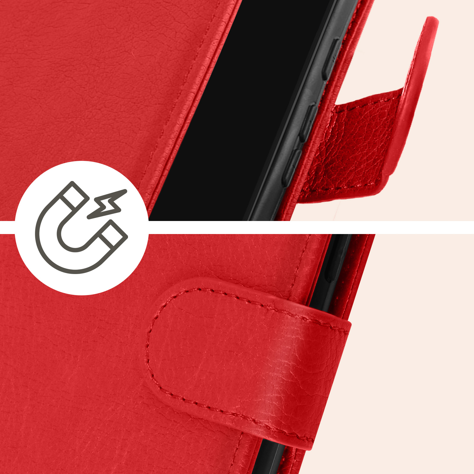 Primo piano di custodia rossa con icona di chiusura magnetica. La custodia è strutturata.