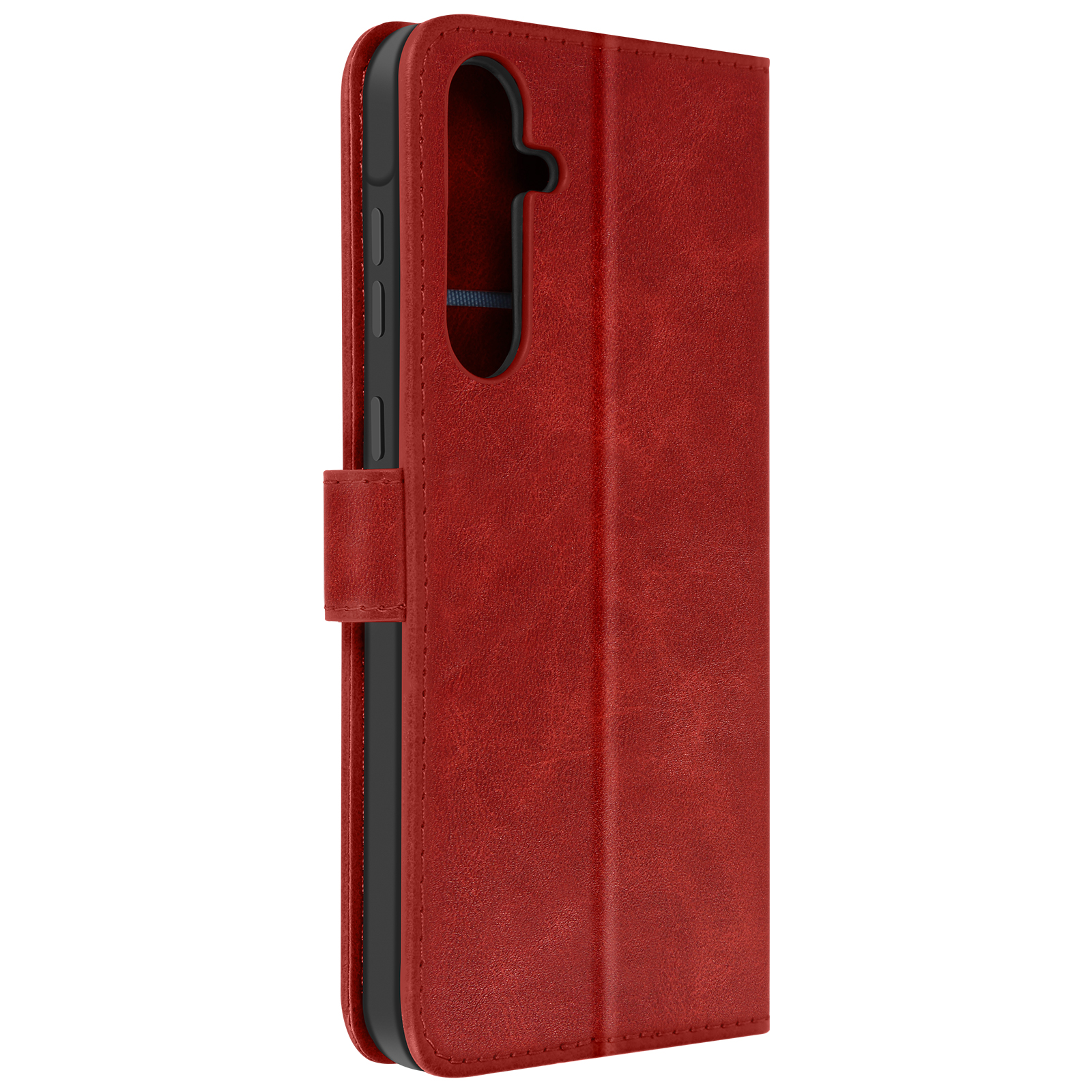 Custodia per telefono rossa, aperta, che mostra il telefono all'interno. Ha una chiusura magnetica.