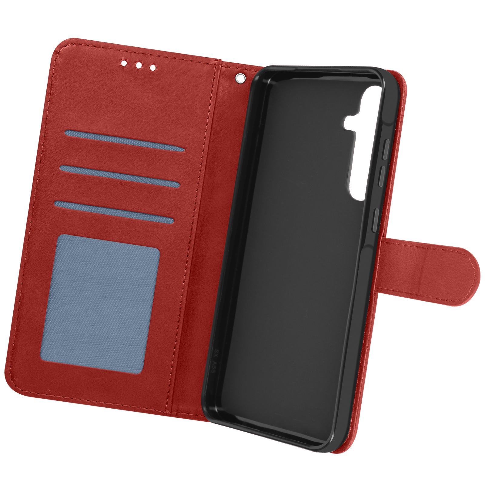 Custodia per telefono rossa, aperta, con supporto per telefono all'interno. La custodia ha fessure per carte e sfondo blu.
