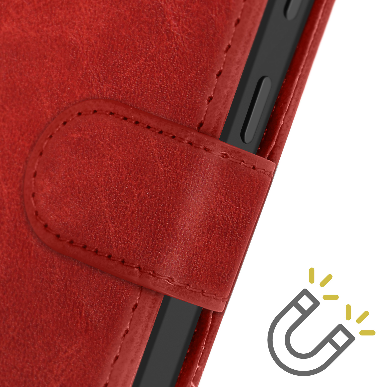 Dettaglio della custodia rossa con simbolo del magnete. Pelle rossa, cuciture e icona magnete.