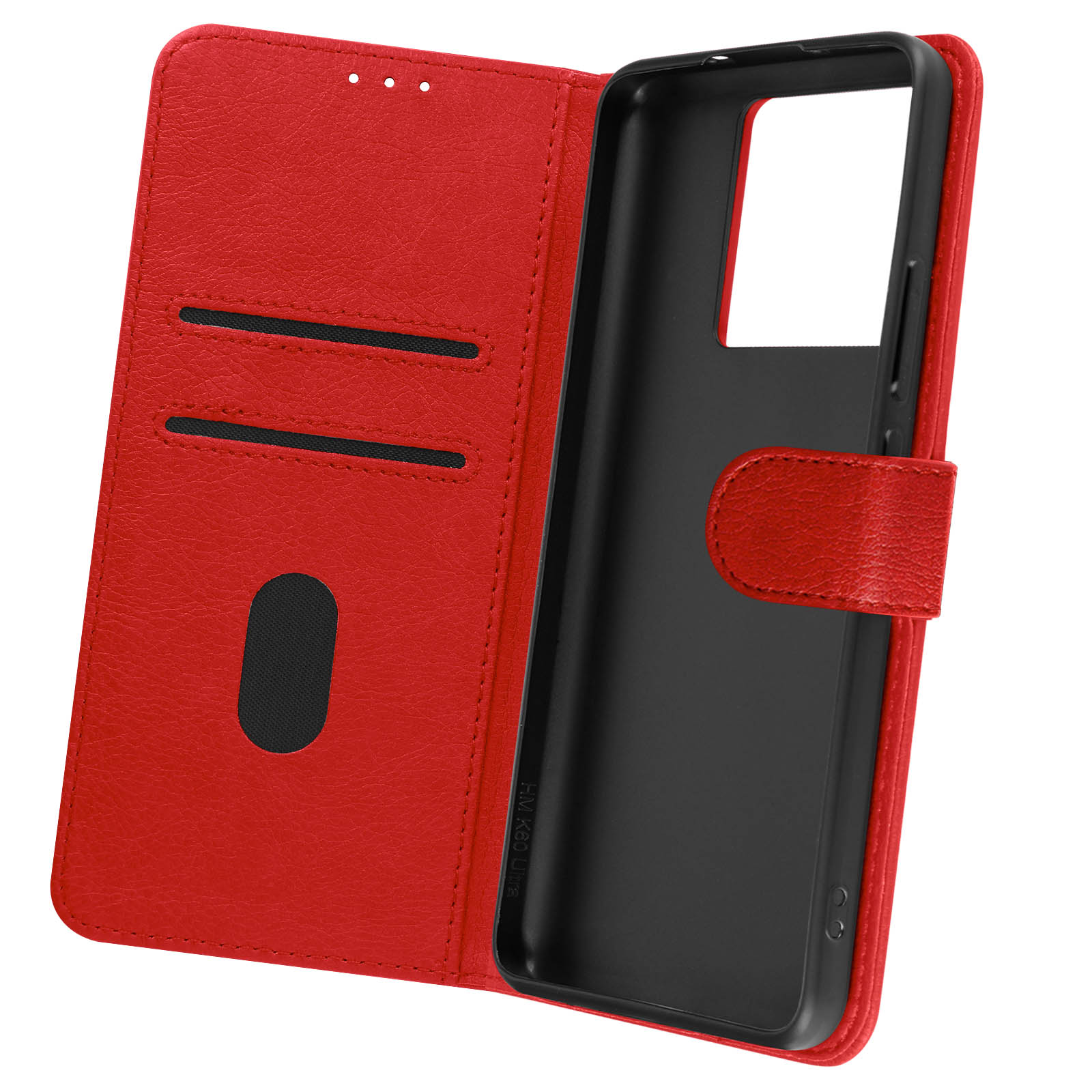 Custodia per telefono in pelle rossa, aperta. Interno nero, fessure per carte. Custodia per smartphone.