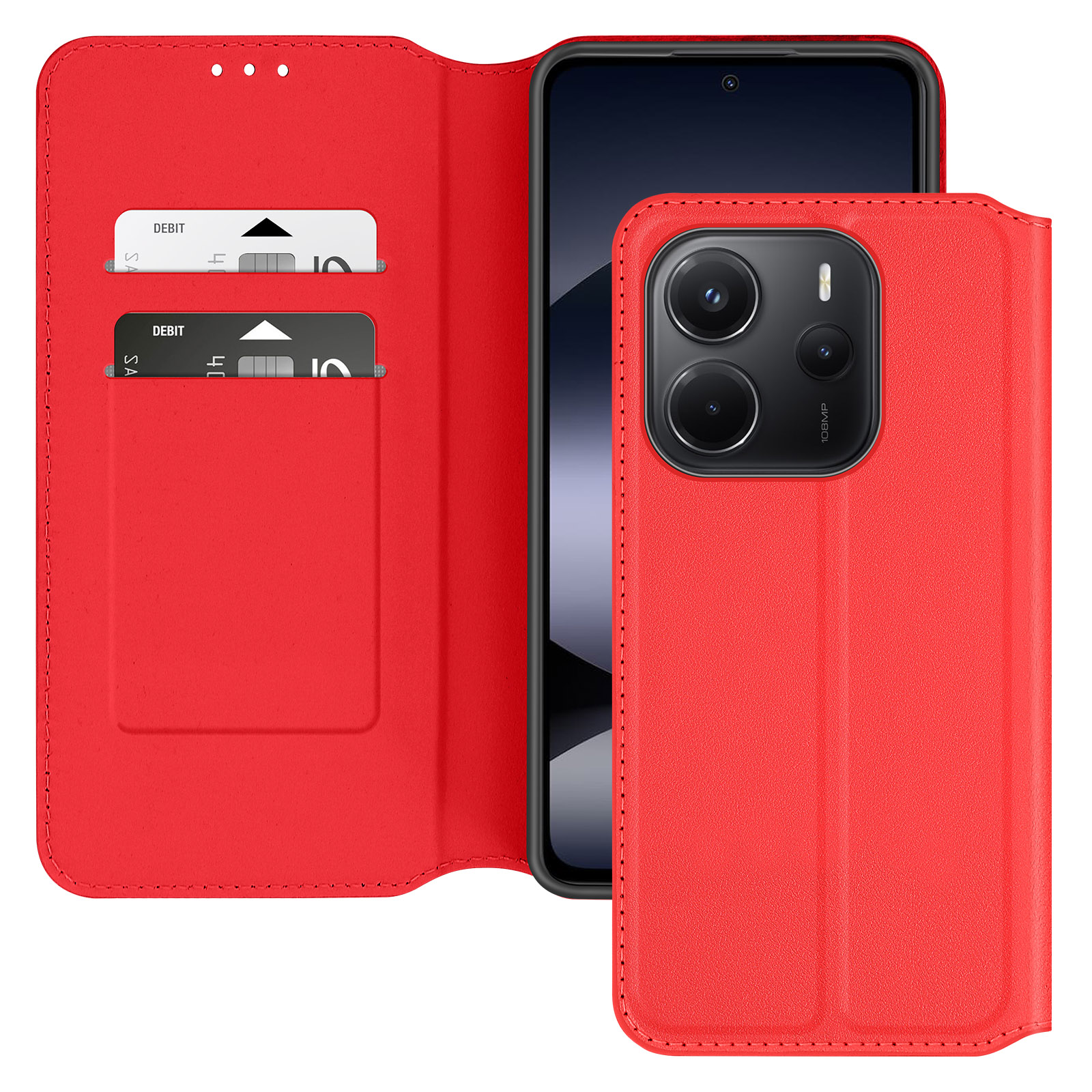 Una custodia rossa per telefono, aperta, con carte e telefono all'interno, su sfondo bianco.