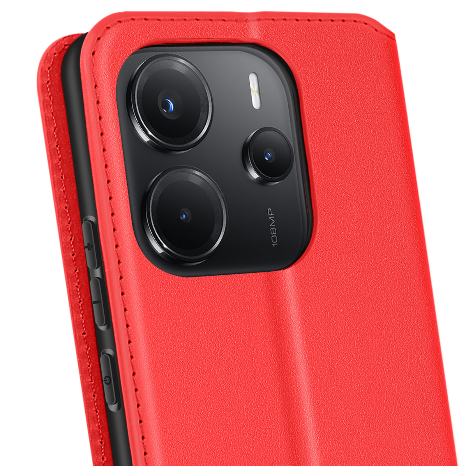 Custodia per telefono rossa con il telefono all'interno, che mostra la fotocamera. La custodia è aperta e ha una cucitura.