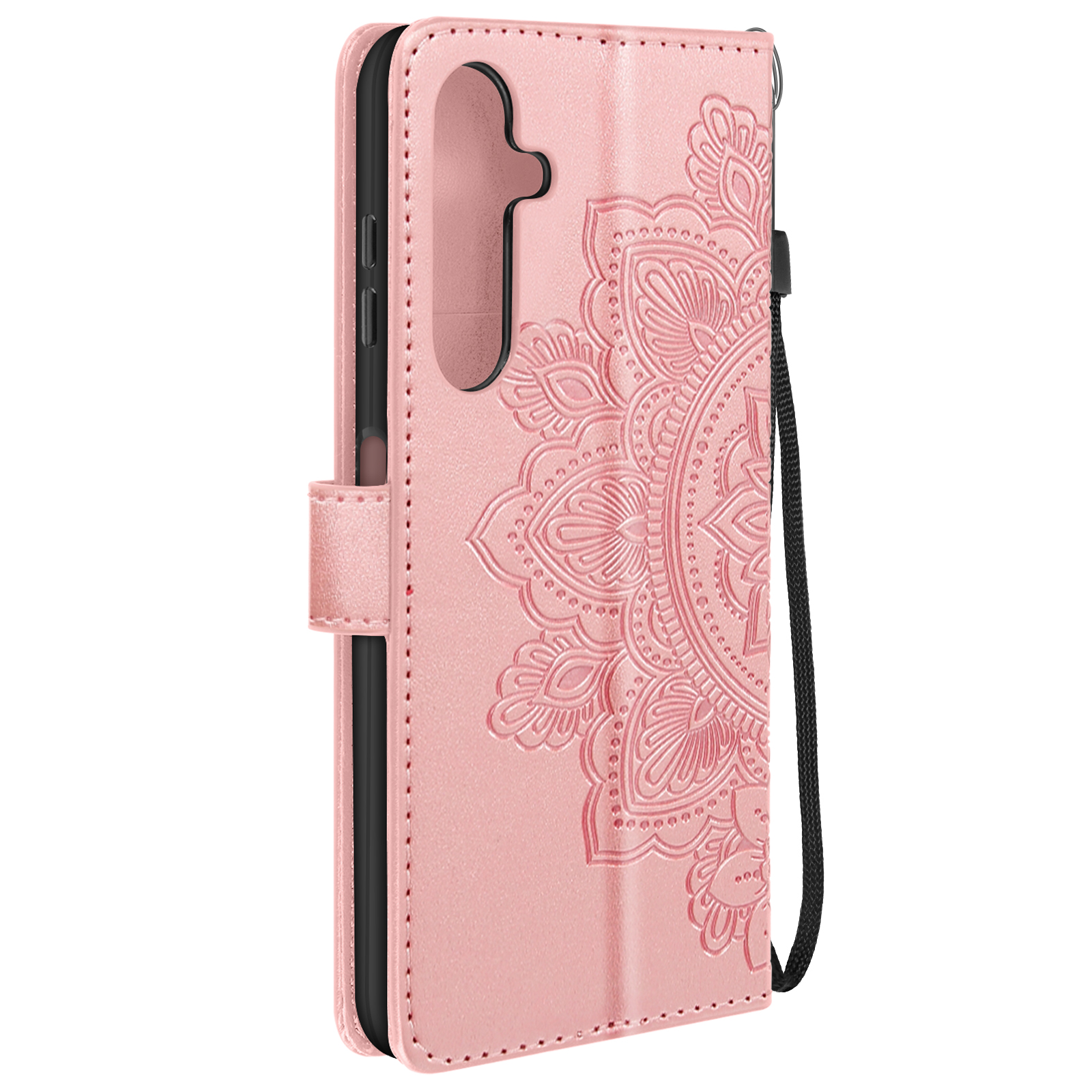 Custodia per telefono rosa con disegno mandala. Un telefono è dentro con cinturino nero.