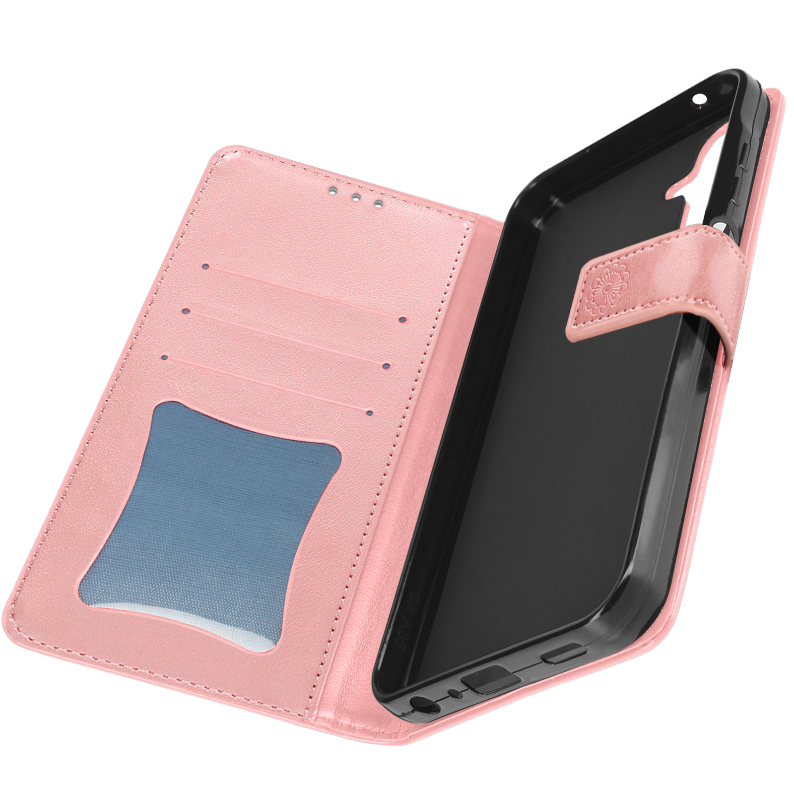 Una custodia per telefono rosa aperta. All'interno ci sono fessure per carte e una finestra trasparente.