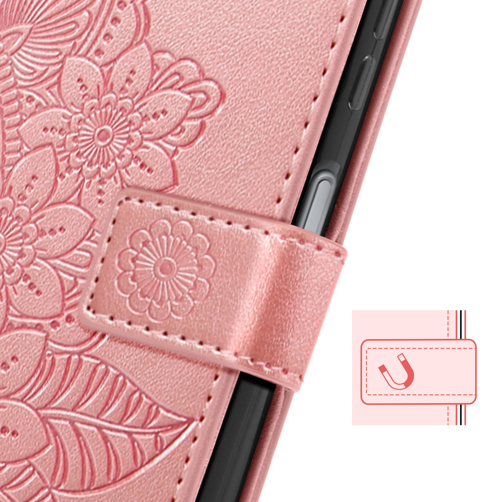 Una custodia rosa con un design floreale ha una chiusura magnetica. È strutturata in pelle.
