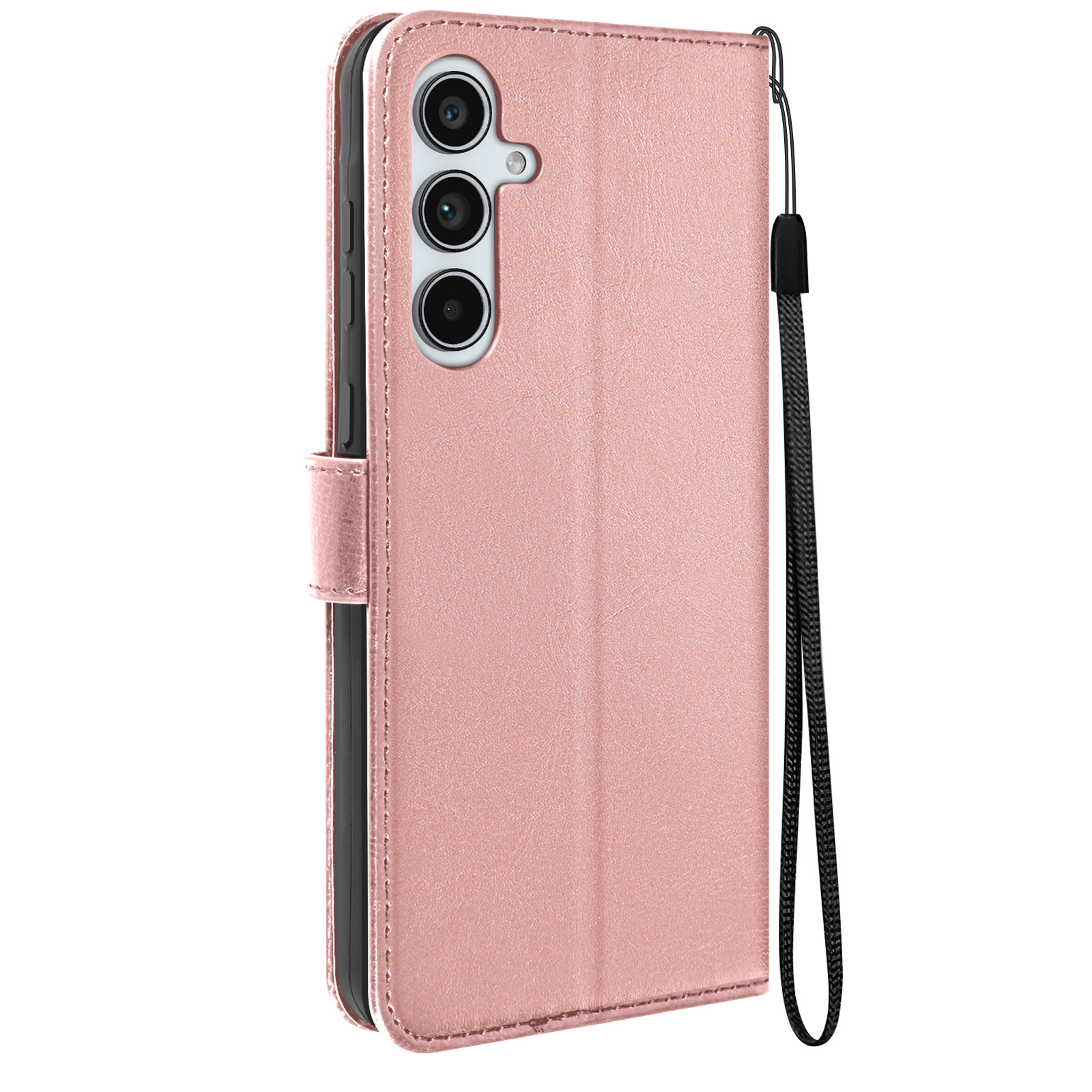Custodia rosa per telefono aperta. Telefono dentro. Custodia con cinturino e tre fori per fotocamera.
