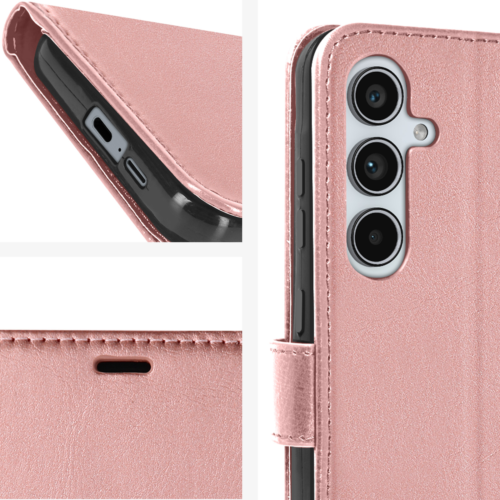 Primi piani di una custodia rosa. Dettagli della fotocamera, pulsanti e cuciture.