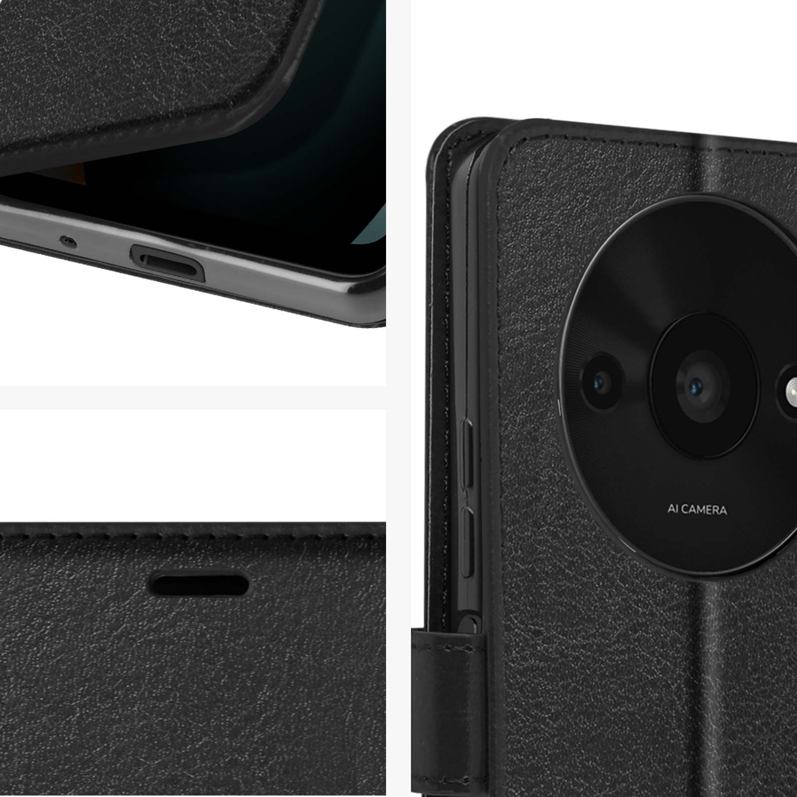 Schwarze Handyhülle mit Kameraaussparung. Details der Telefonseite sind sichtbar.