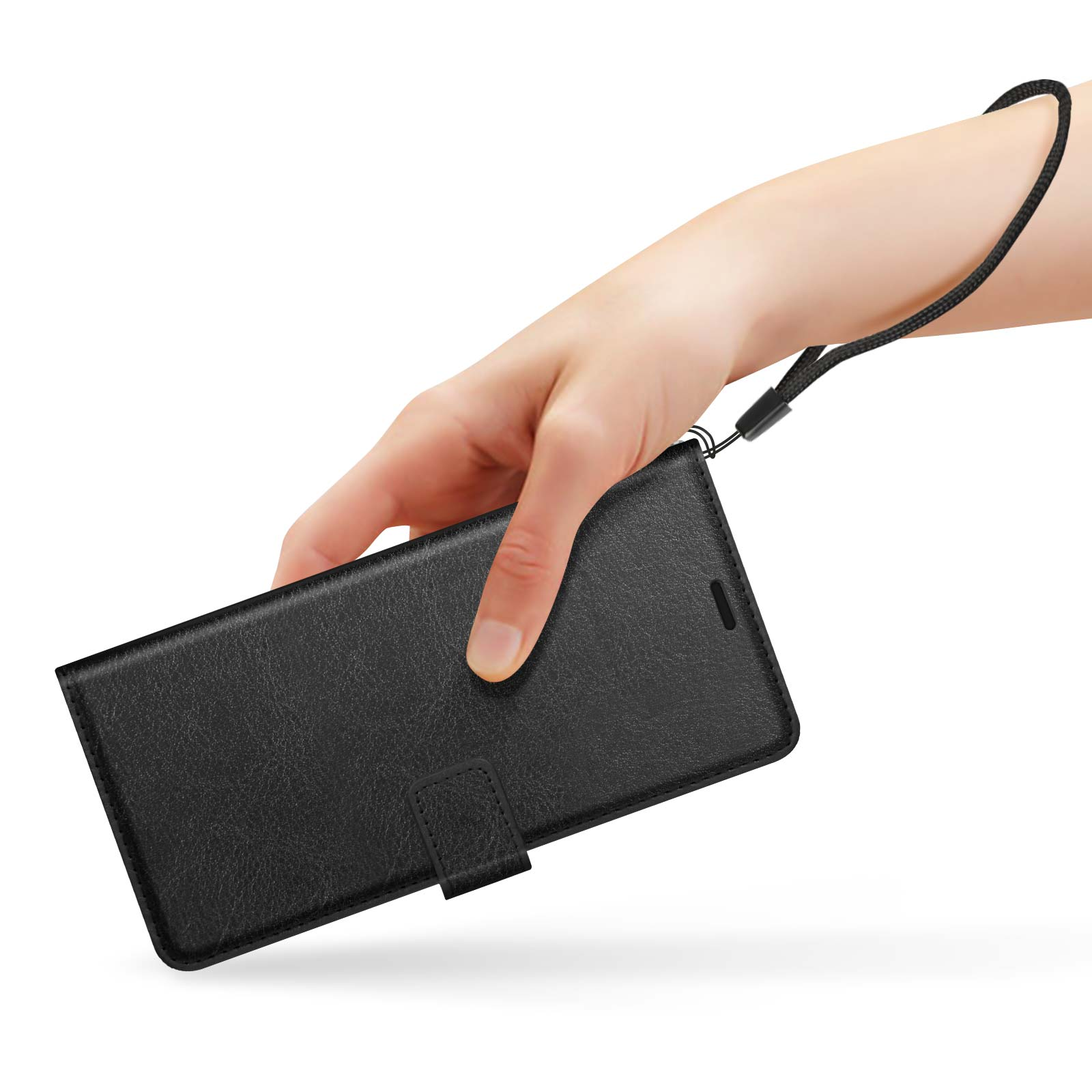 Eine Hand hält eine schwarze Handyhülle mit Handschlaufe.