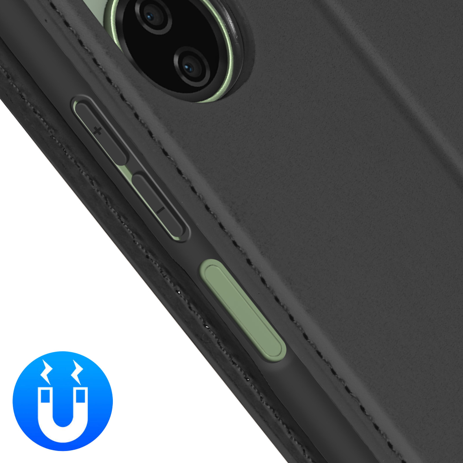 Primo piano di una custodia per telefono che mostra fotocamera e pulsanti. Pulsante e contorno verdi. Simbolo magnetico blu.