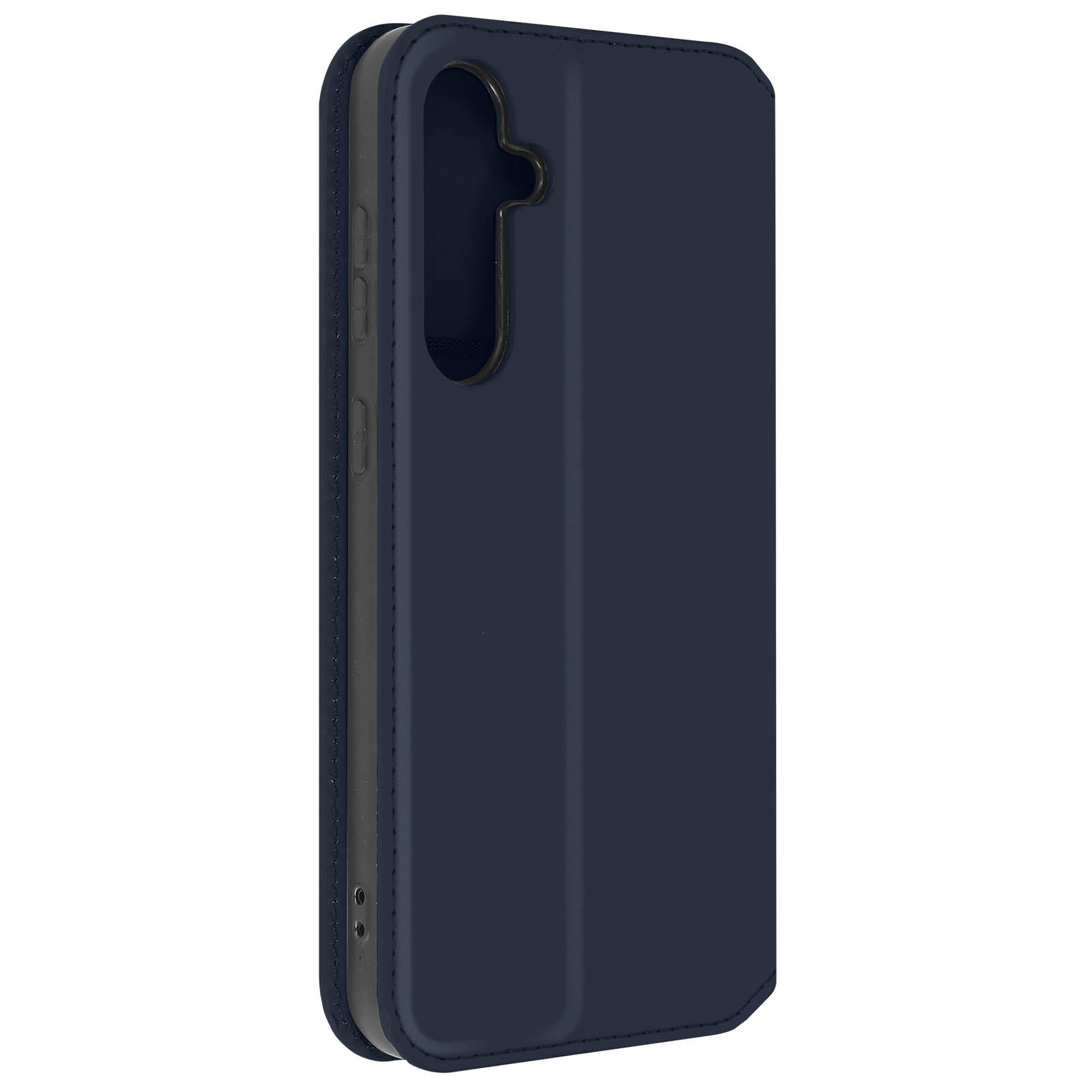 Custodia per telefono blu scuro, aperta, che rivela un telefono. Vista laterale della custodia, sfondo bianco.