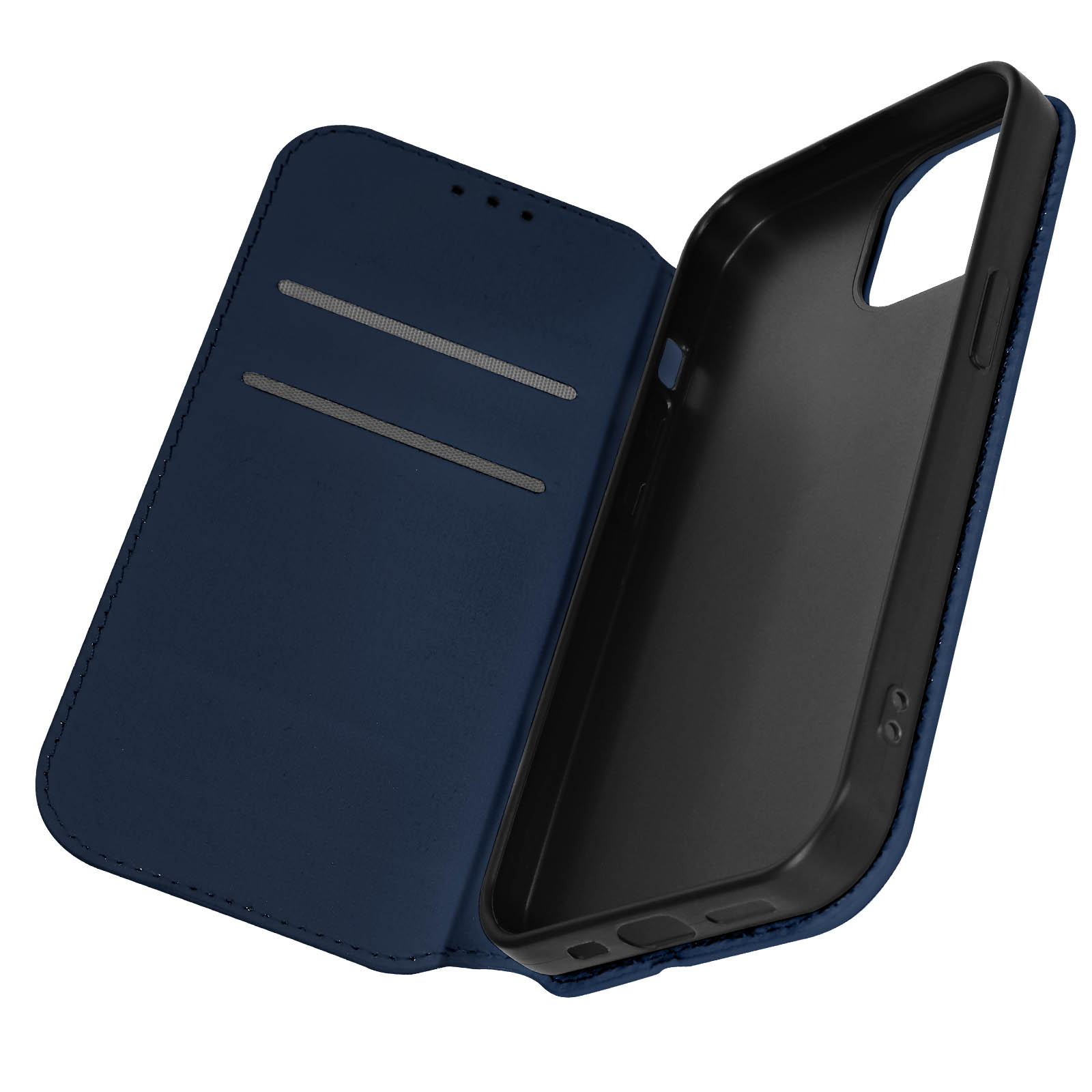 Custodia per telefono blu aperta con il telefono dentro. Sfondo bianco.