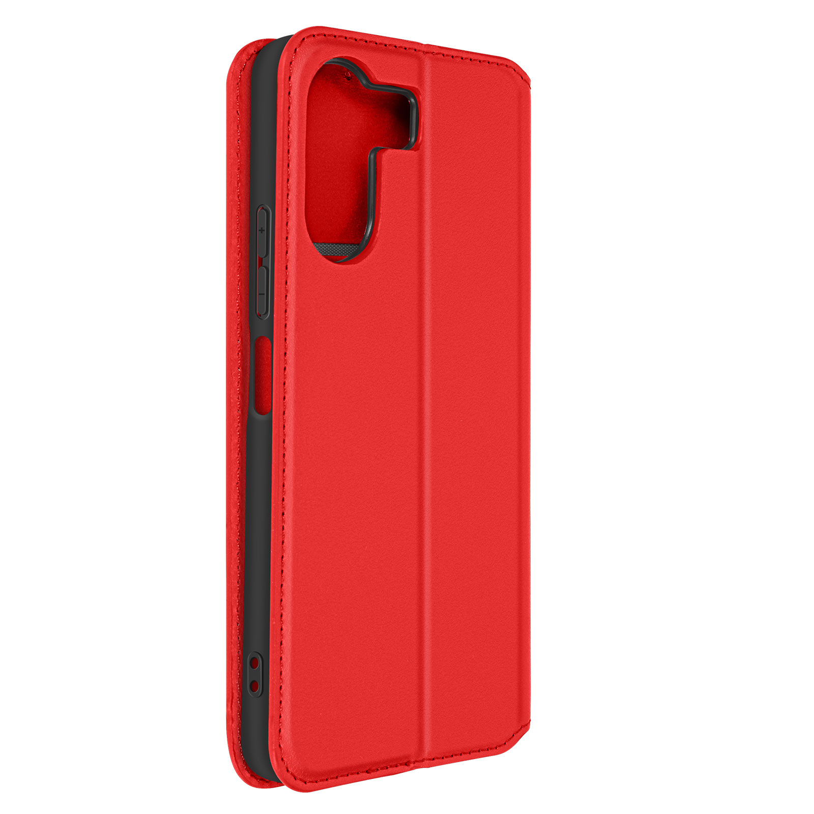 Custodia rossa per telefono, chiusa e che mostra il lato. Interno nero.