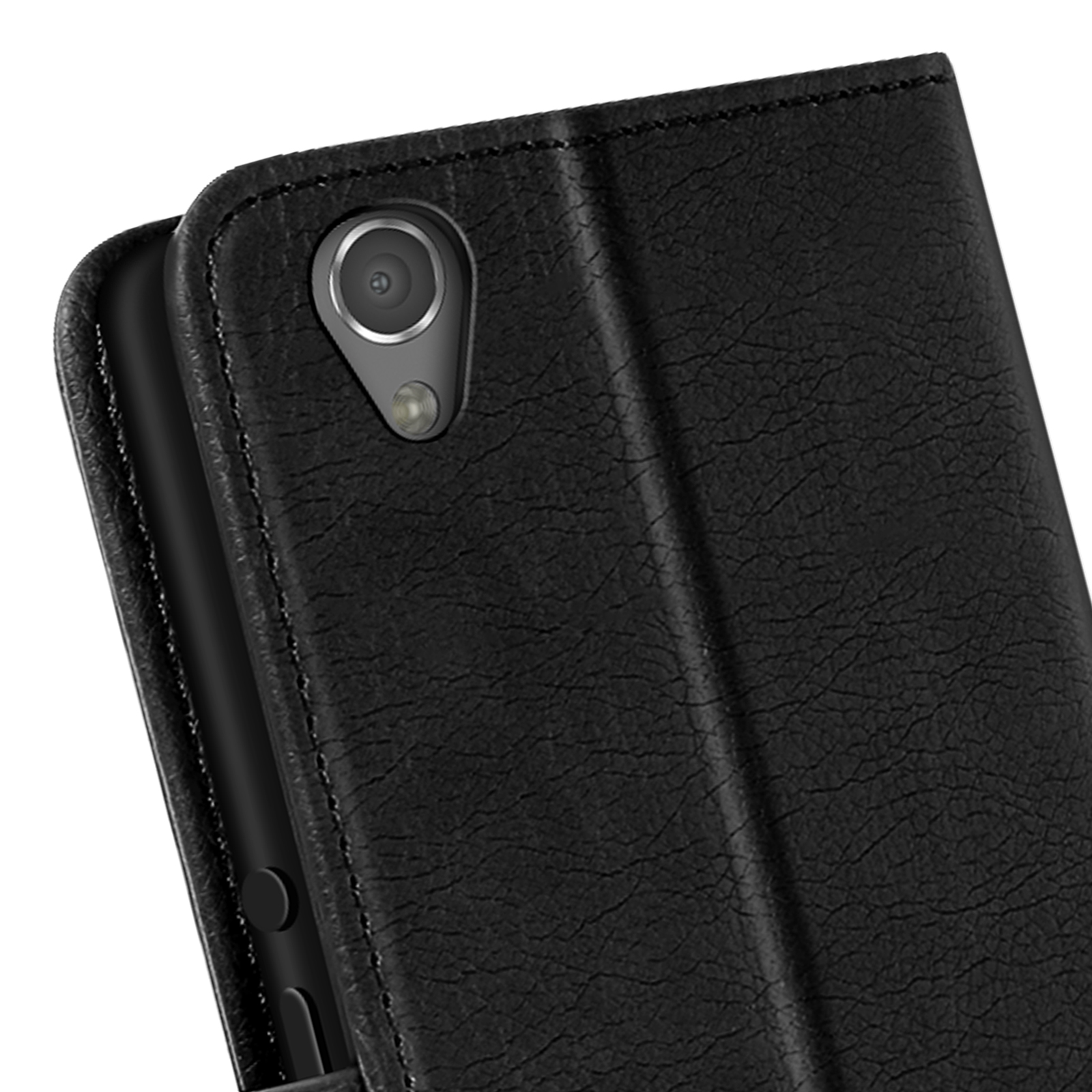Custodia per telefono con ritaglio per fotocamera. La custodia è nera e strutturata, mostra la fotocamera del telefono.