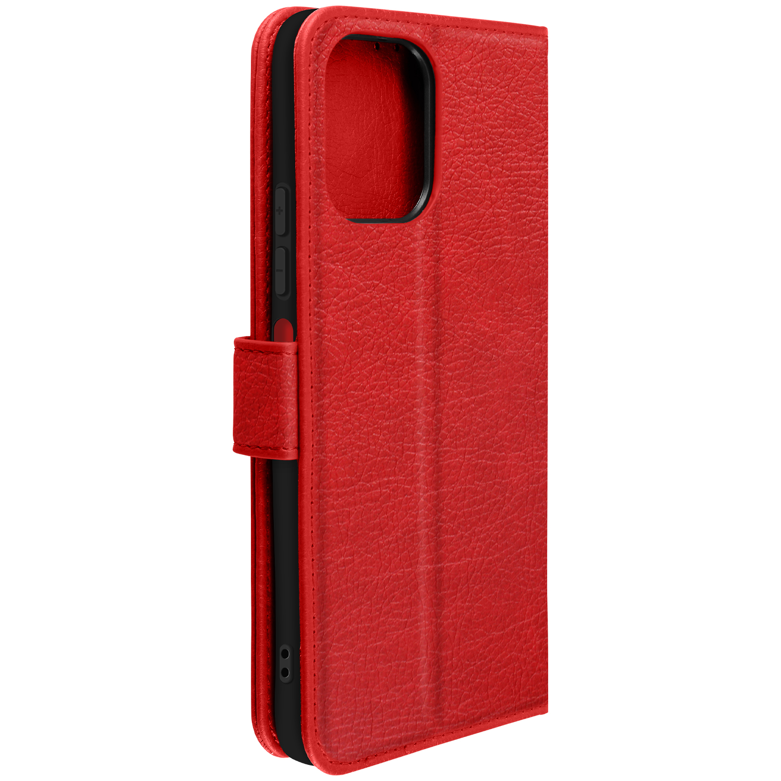 Rote Leder-Handyhülle mit schwarzem Rahmen und Verschluss.