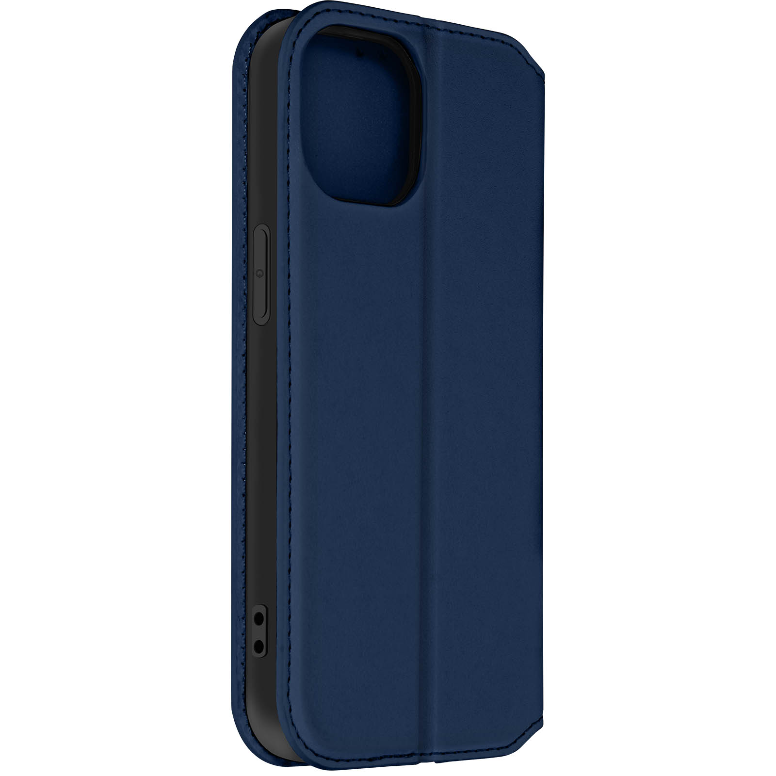Custodia blu per telefono, vista laterale. La custodia è chiusa. Ha un foro per i pulsanti.