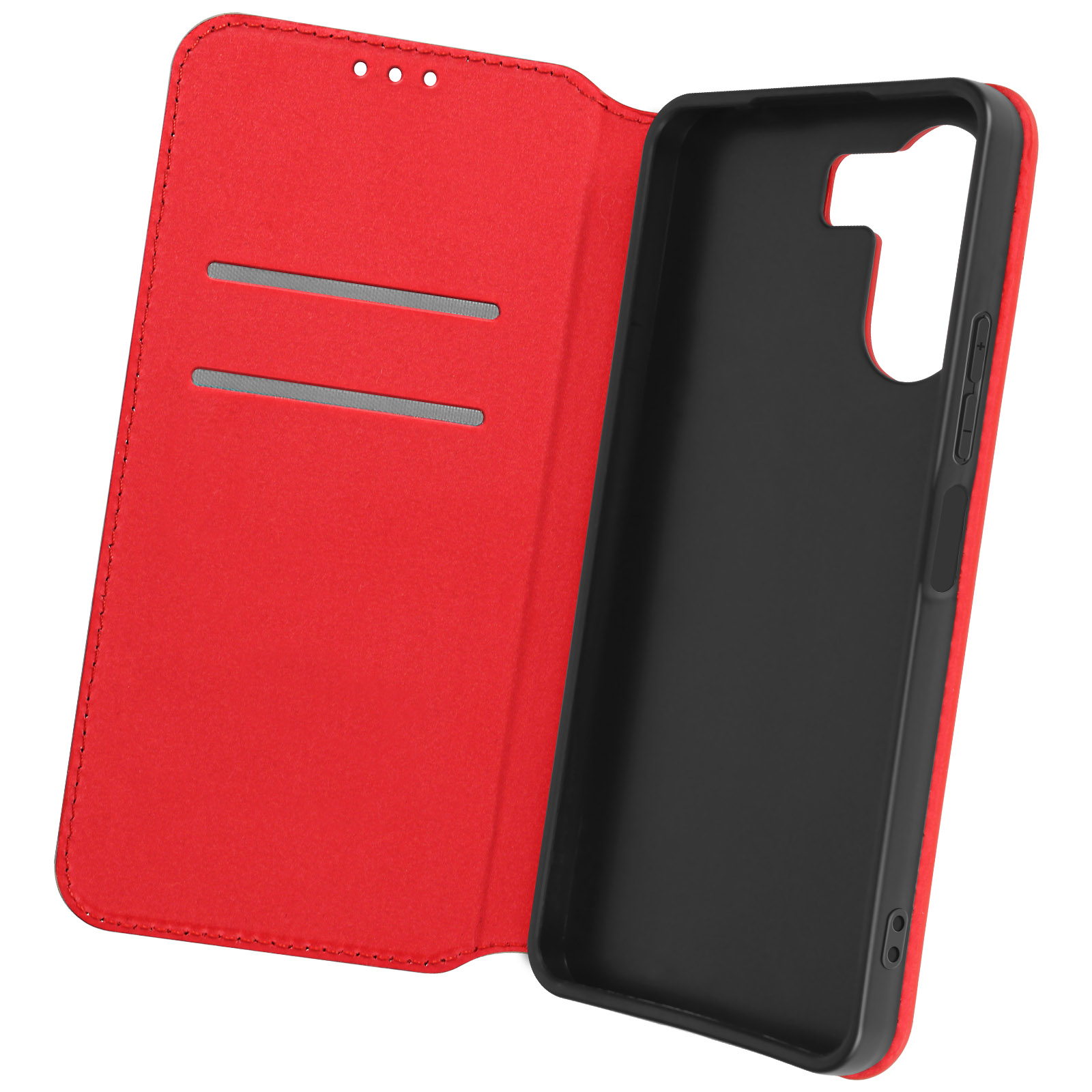 Una custodia per telefono aperta con interno rosso e guscio nero. Sono visibili due fessure per schede.