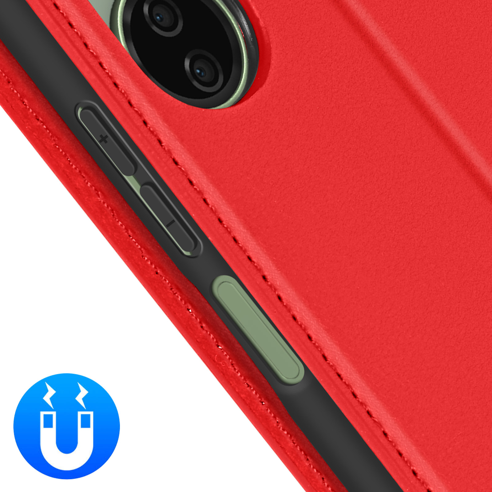 Una custodia rossa per telefono con un simbolo magnetico. Il telefono è parzialmente visibile, con i pulsanti del volume.