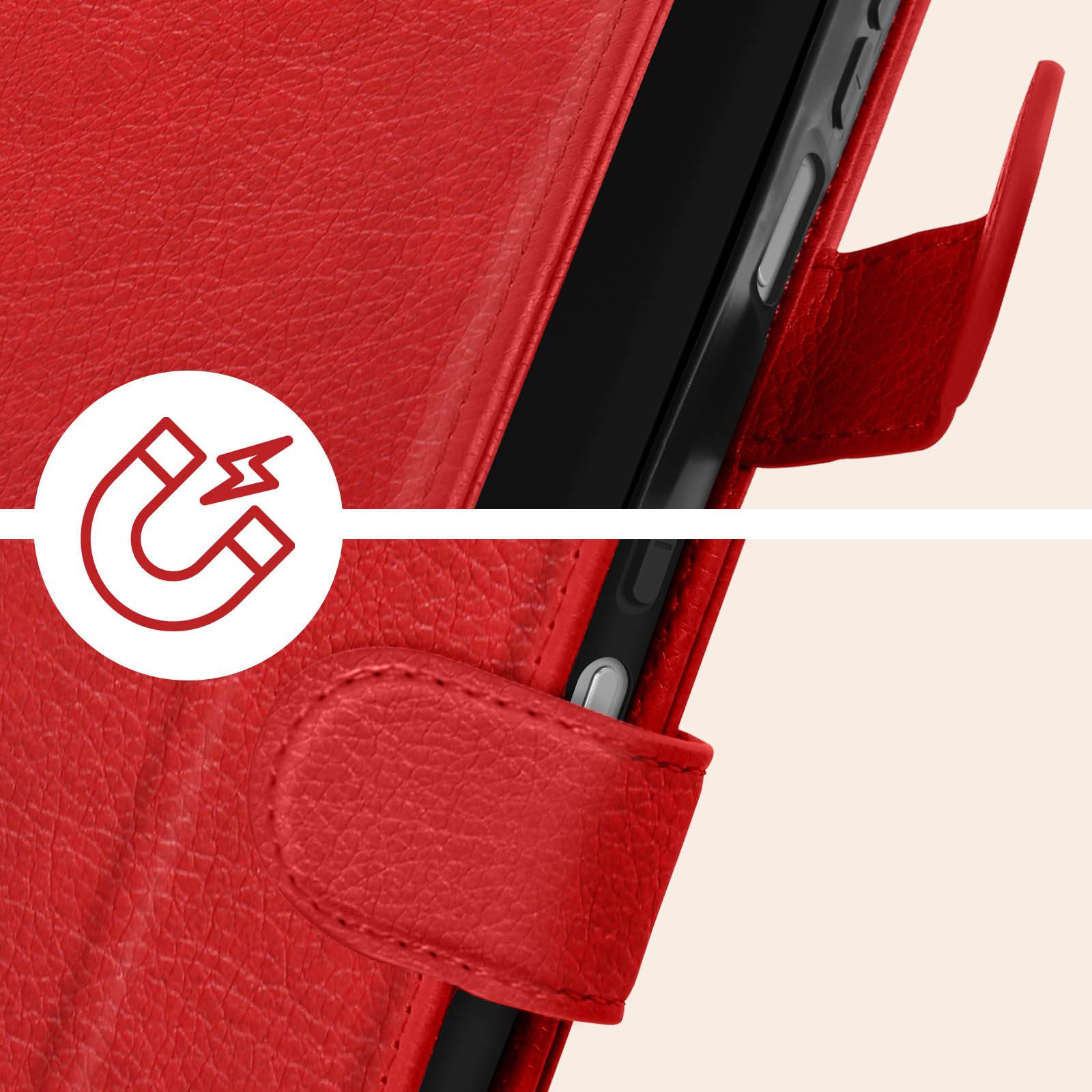 Rote Handyhülle Nahaufnahme mit Magnet-Symbol. Hintergrund ist hellrot.