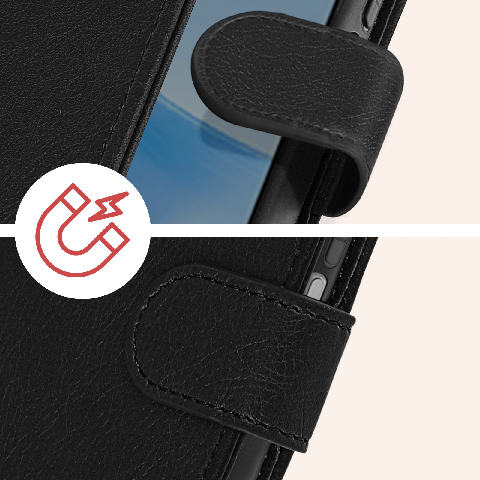 Custodia per telefono nera con simbolo magnetico rosso. I dettagli interni ed esterni sono visibili.