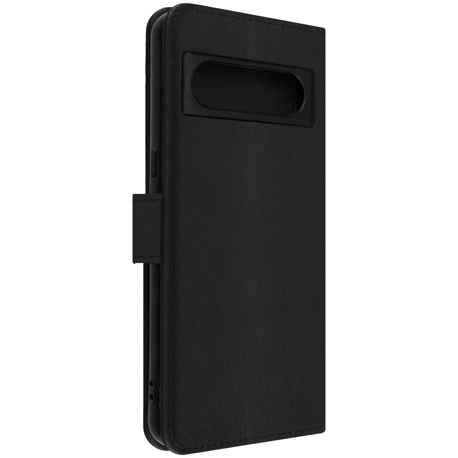 Custodia nera per telefono chiusa. La custodia ha un ritaglio per la fotocamera e una cover nera.
