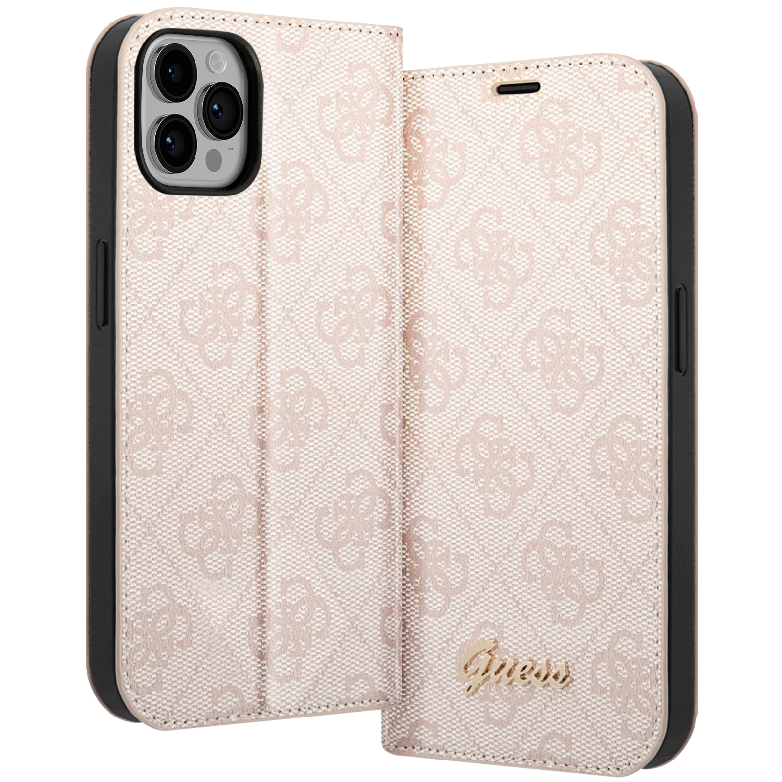 Custodia per telefono rosa aperta con motivo floreale. Logo Guess dorato. Interno nero.