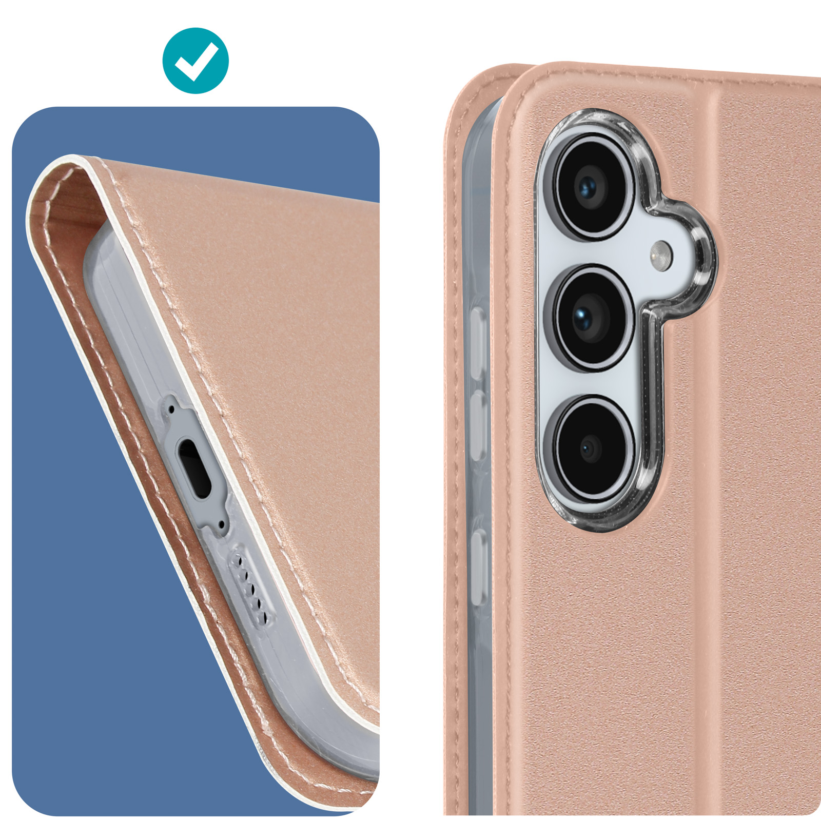 Étui de téléphone avec une coche. L'étui est rose clair et le téléphone a plusieurs caméras.