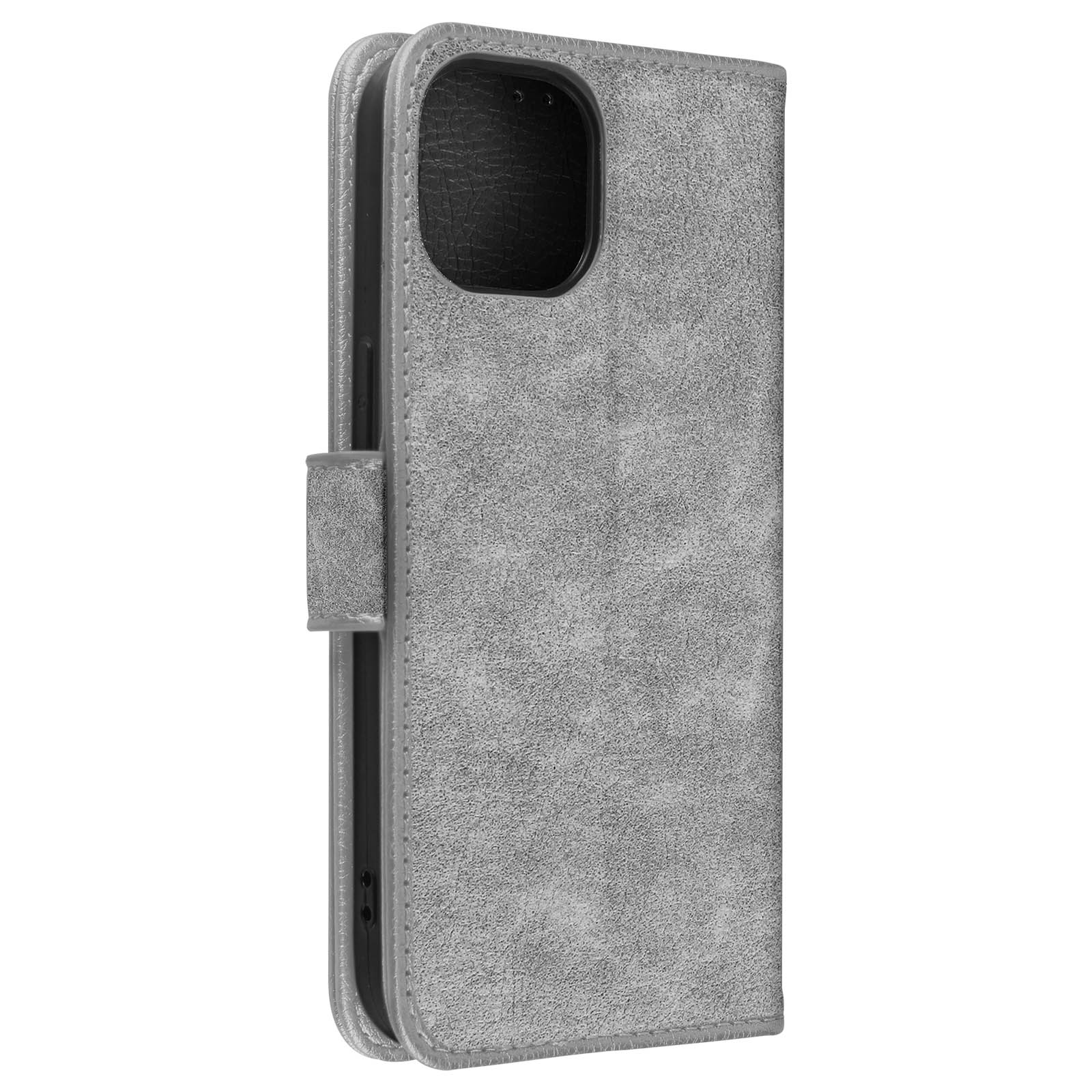 Custodia per telefono grigia, chiusa, texture simile alla pelle, con ritaglio per fotocamera.