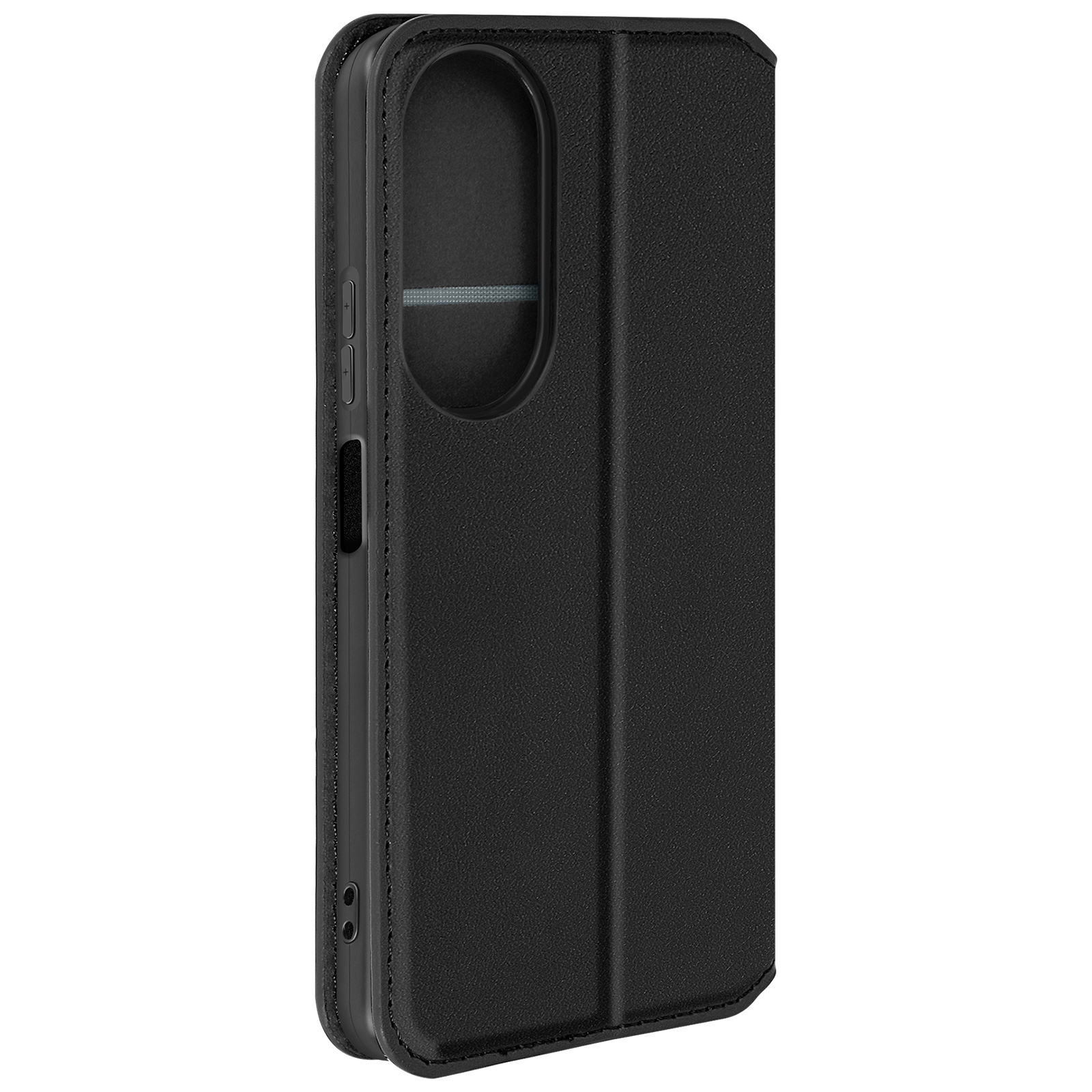 Custodia per telefono nera, aperta. La custodia è in pelle. Il lato ha cuciture.