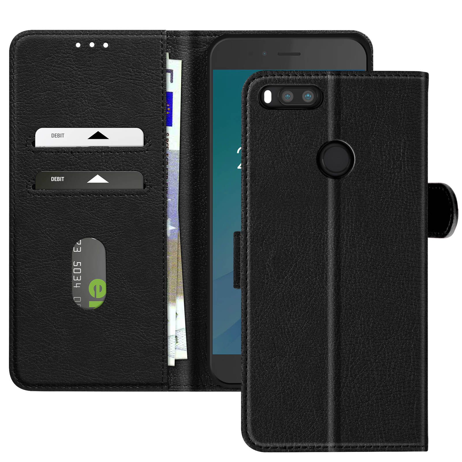 Telefono nero in una custodia. La custodia ha fessure per carte e un cinturino. Il telefono e la custodia sono neri.