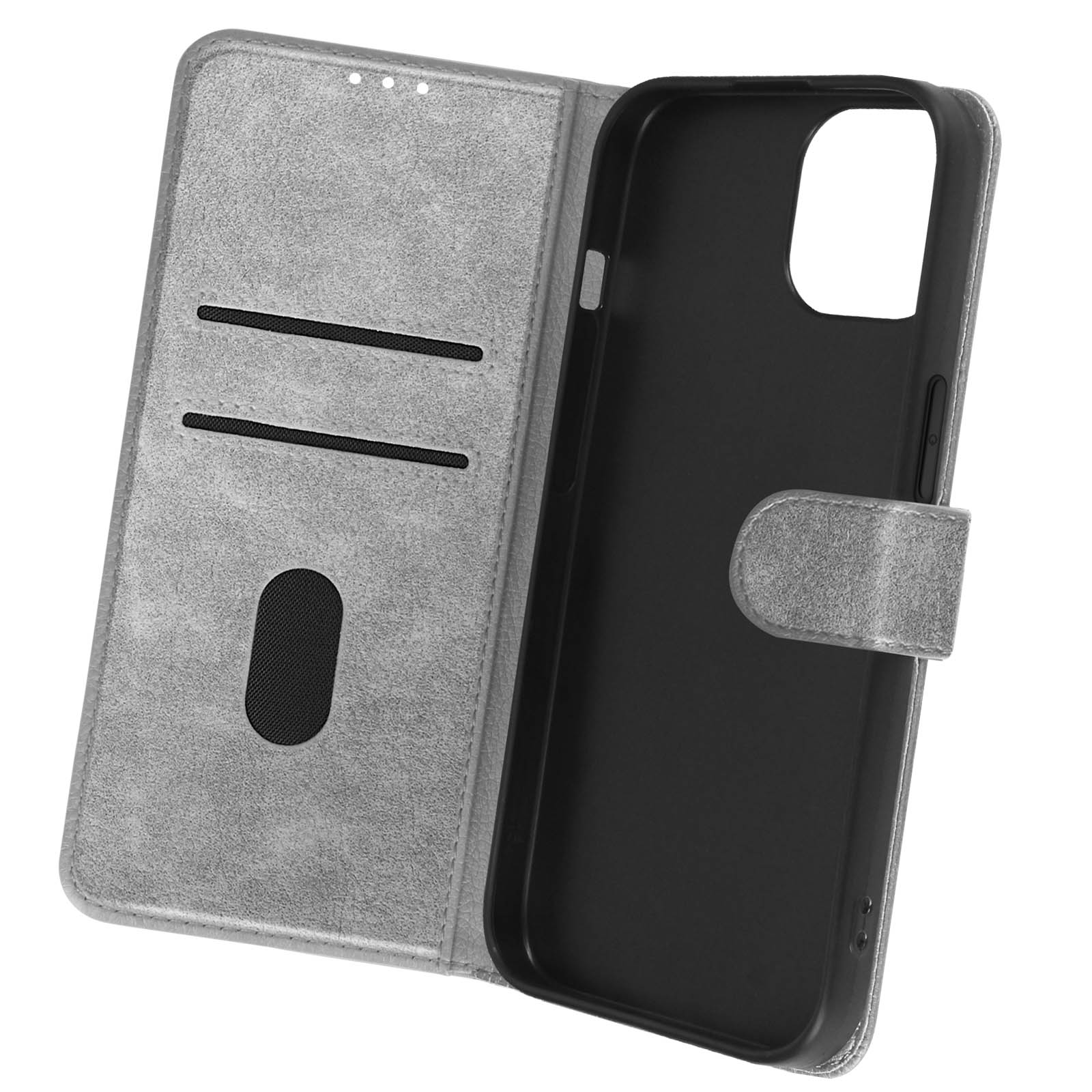 Custodia grigia aperta, che mostra un telefono all'interno. Simbolo magnete.