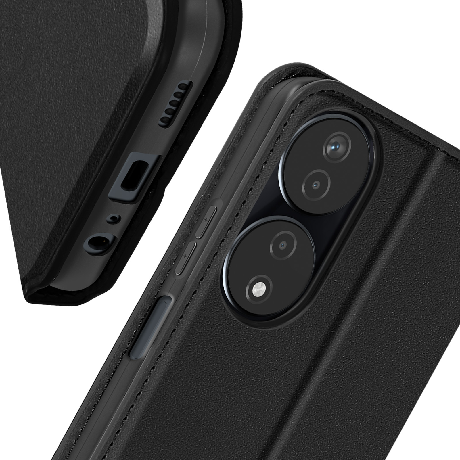 Primo piano di una custodia per telefono, nera, con lenti della fotocamera e interno nero, che mostra i dettagli delle cuciture.
